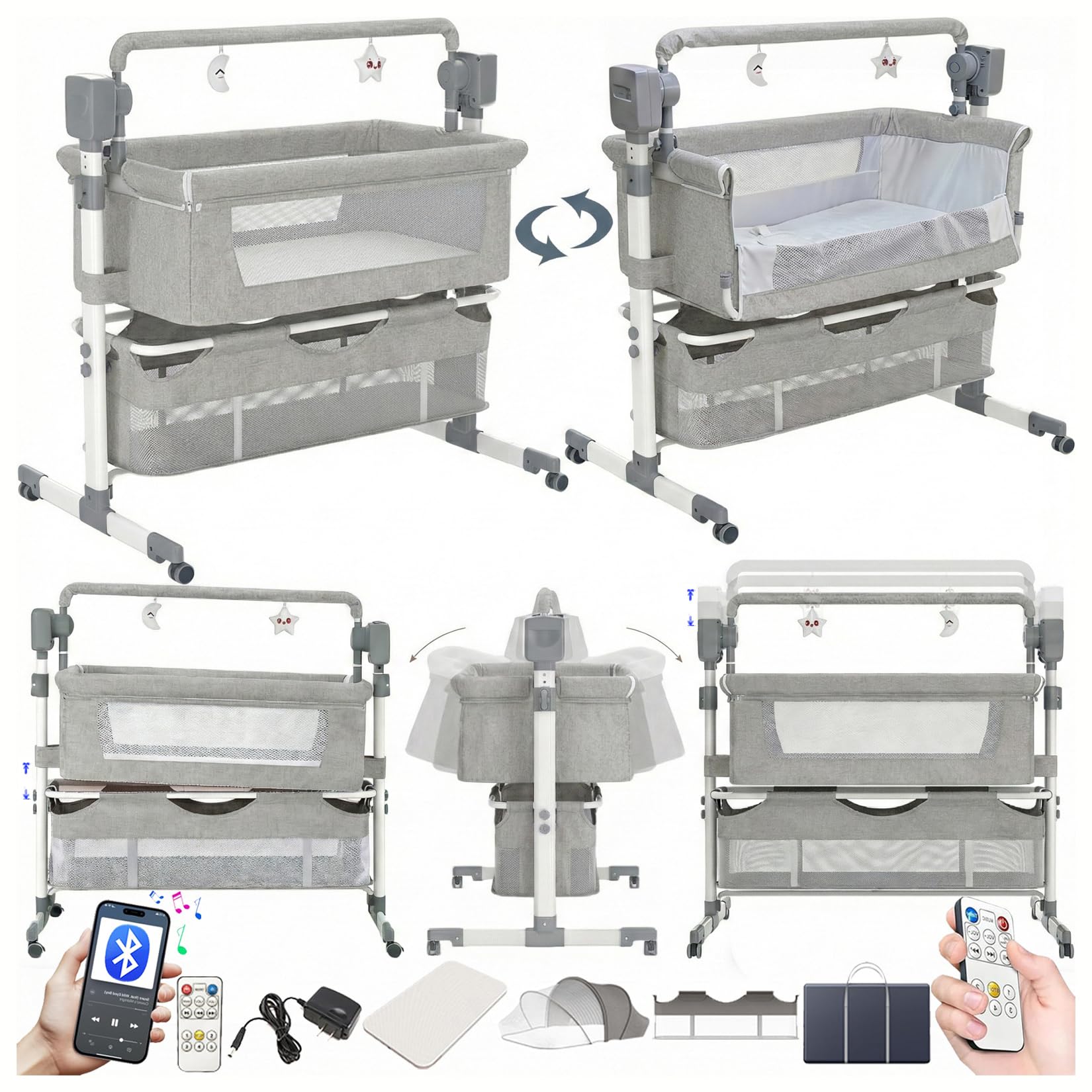 Magic ZC Elektrische Bluetooth Intelligent Beistellbett Baby mit Rollen, Faltbar Co-Sleeping Babybett, Convertible Stubenwagen Wiege mit Fernbedienung, Musik, 5-schwankende Zahnräder (601 Light Grey)