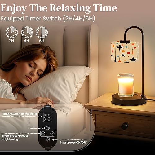 Miniatura 4 de Candle Warmer Lamp with Timer and Dimmer, Boho Mid Century Fifties Modern Atomic Retro Luxurious Stars Teardrops Wax Melt Warmer with 4 Bulbs, House