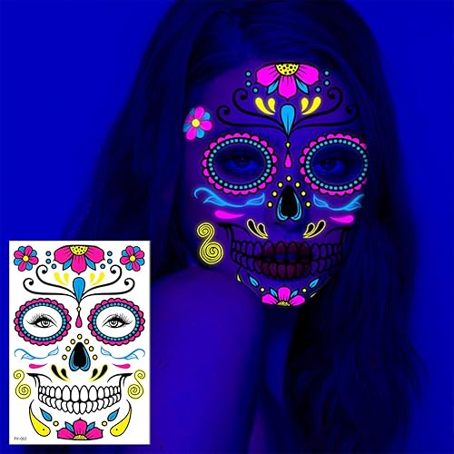 Miniatura 4 de 8 hojas de tatuajes faciales luminosos de Halloween que brillan en la oscuridad del día de los muertos, tatuajes de cara completa, decoraciones