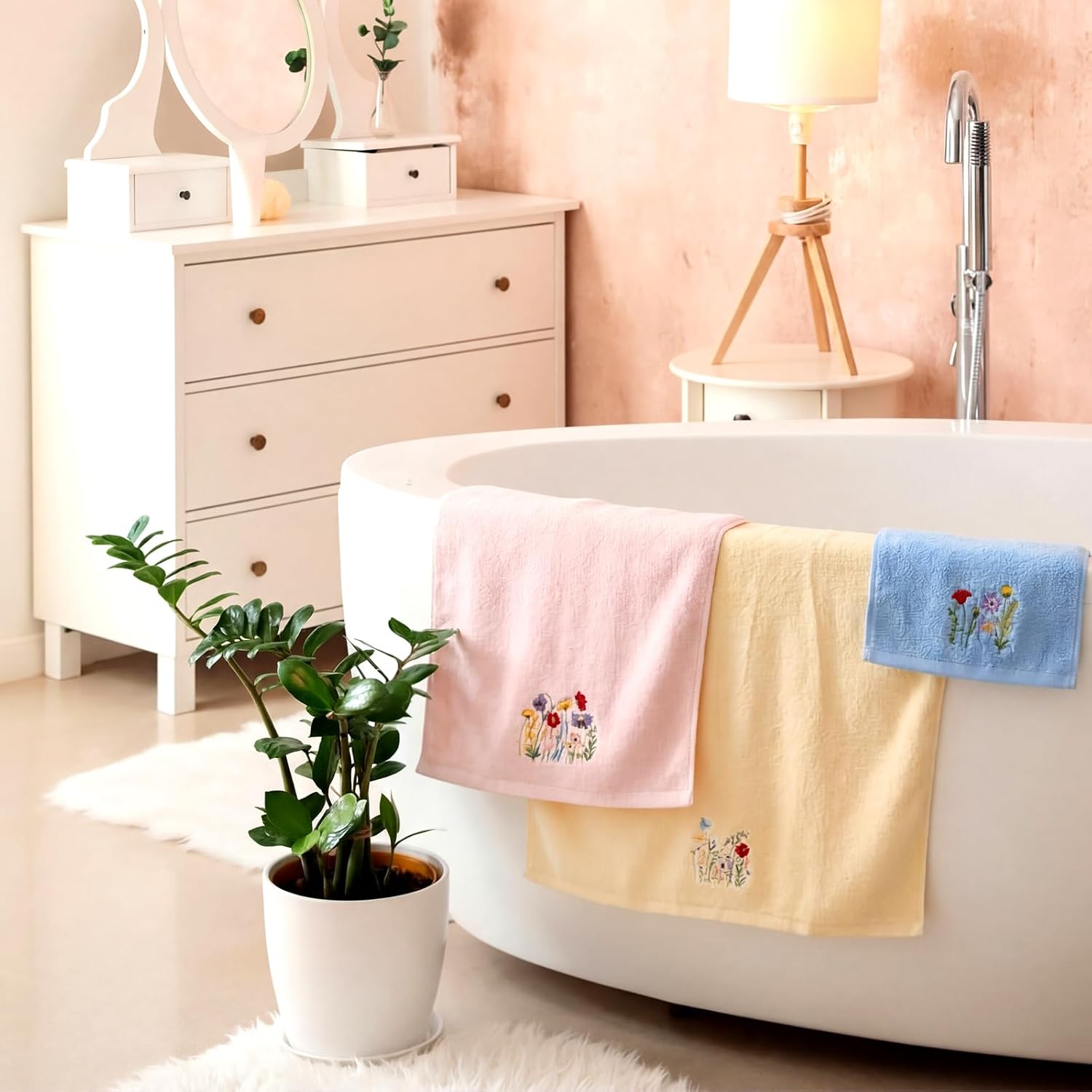 Peryiter 3 Pack Spring Wildflower Bath Towels Set -Cotton Colorful Flower Embroidery 1 Bath Towel 1 Hand Towel 1 Washcloth for Bathroom Kitchen Decorations Country Accessories Housewarming Gifts