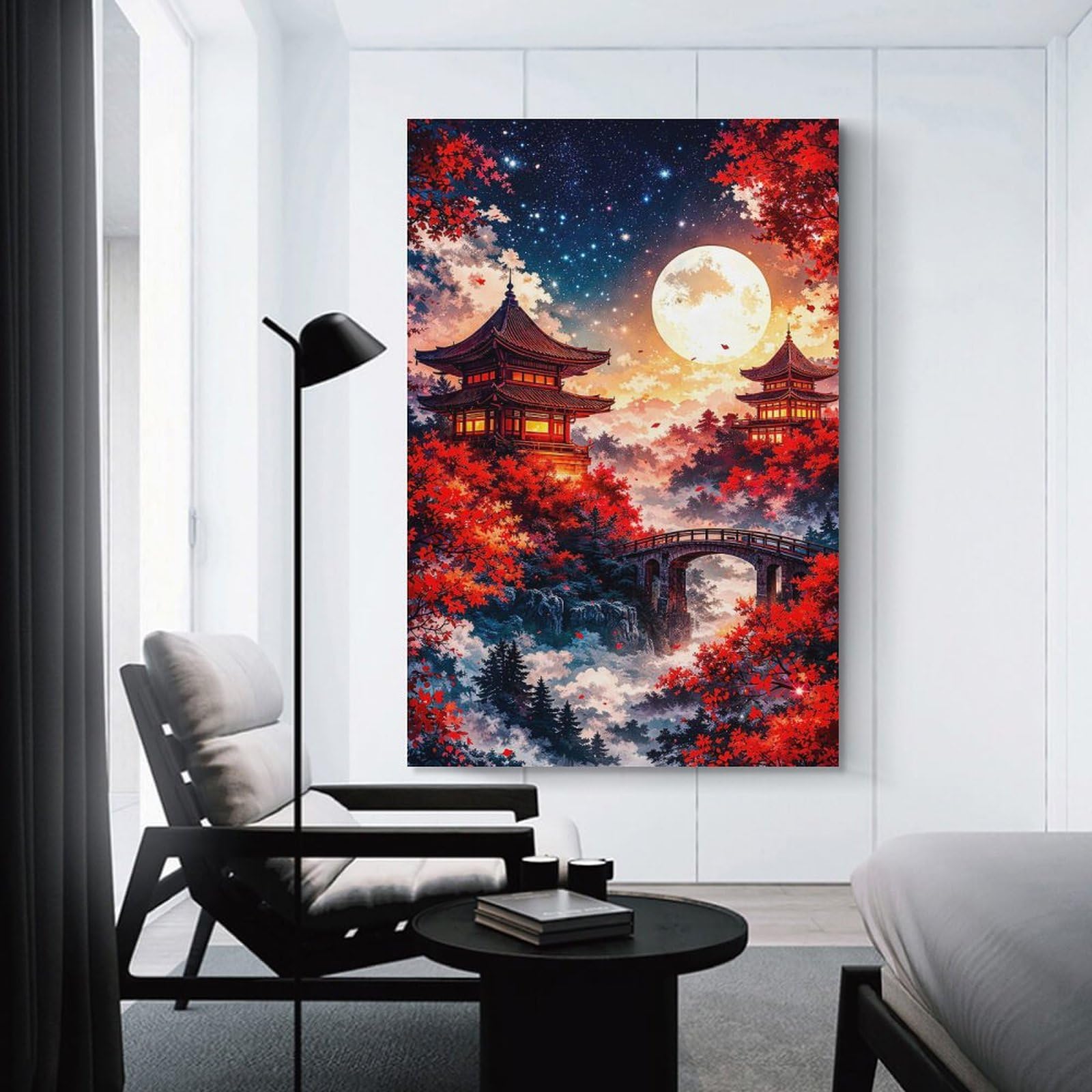 Junmoney Enchanting Japanese Pagodas Under A Full Moon Wall Art Print, 24x36inch(60x90cm), for Bedroom Decor, Cosy Corners Or Studios, Decorative Wall Art for Cosy Rooms
