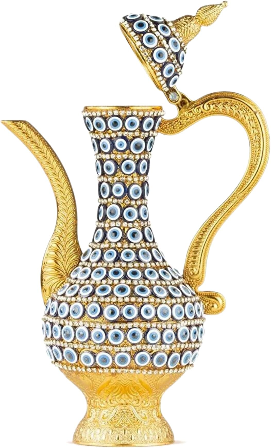 Steel Water Bottle Pitcher with Zirconia Stones | Handmade Metal Carafe Water Tea Coffee Jug Vintage Bottle | Turkish Ottoman Zamzam Pitchers (470 ML / 16 Oz, Evil Eye and Zirconia, Gold Color)