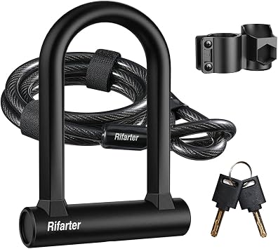 Bike Locks Heavy Duty Anti Theft, Bicycle Lock U Lock with 5ft Security Steel Cable and Keys, 17mm Shackle Compact Bike U-Locks with Mounting Bracket for Road, Mountain Bike, Scooters