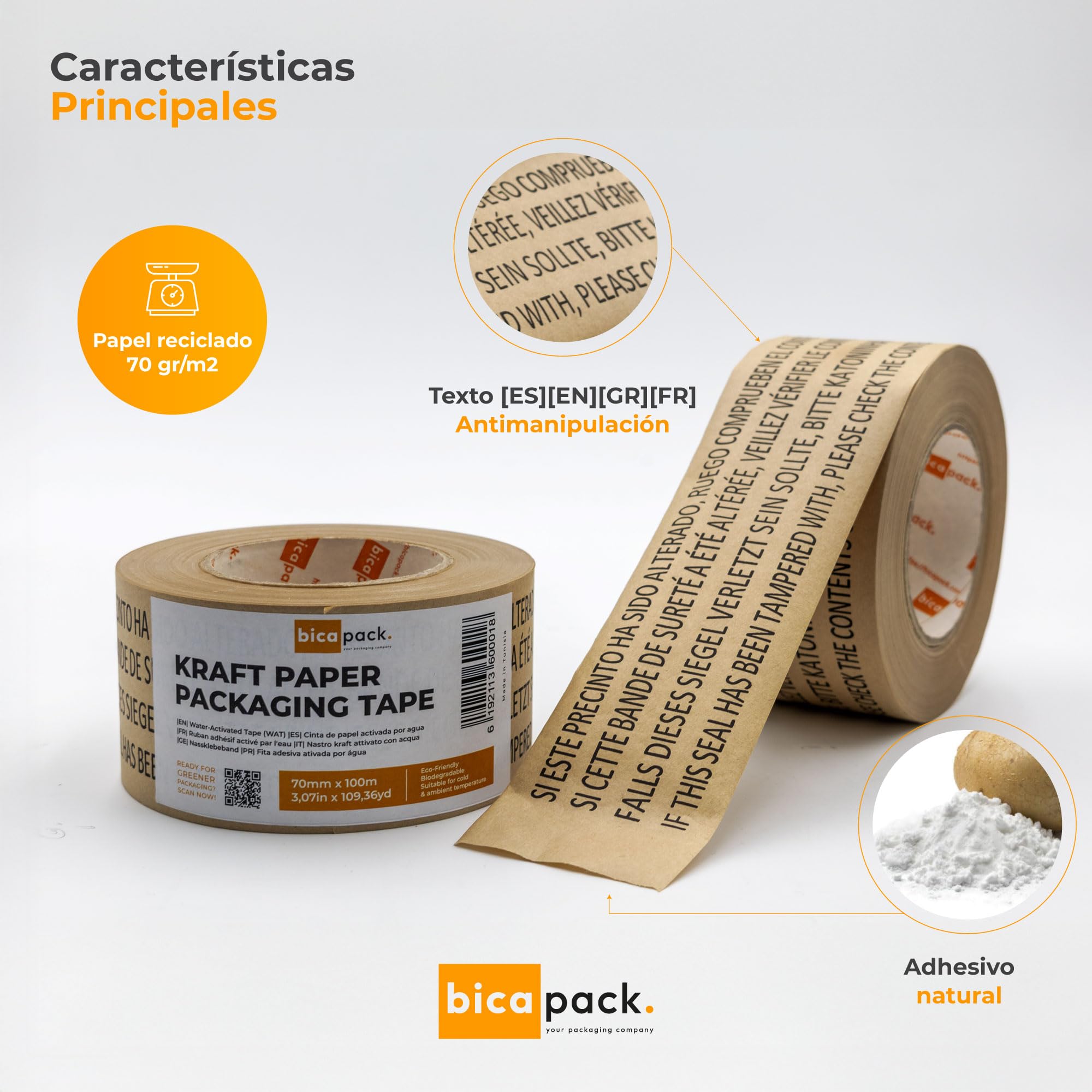 Caja Profesional de 24 Rollos de Cinta de Papel Kraft Engomada Activada por Agua, 70 mm x 100 m, Precinto de Seguridad Impreso, Adhesivo Vegetal, Mandril de 76 mm