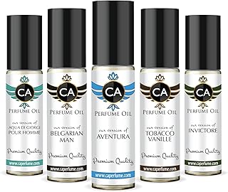 CA Perfume All Time Classic Men Set Impression of (Aventura + Aqua Di Giorgi + Invictore + Belgarian Man + Tobacco Vanilla) Fragrance Body Oils Sample Travel Size Roll-On (0.3 Fl Oz/10 ml) X5