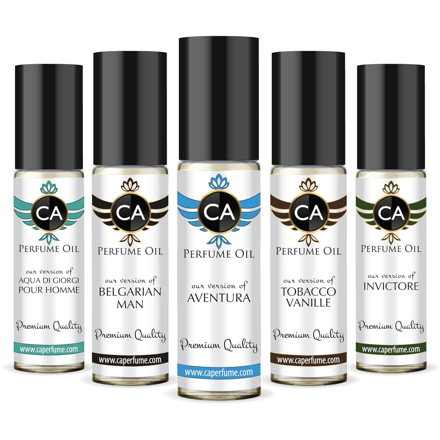 CA Perfume All Time Classic Men Set Impression of (Aventura + Aqua Di Giorgi + Invictore + Belgarian Man + Tobacco Vanilla) Fragrance Body Oils Sample Travel Size Roll-On (0.3 Fl Oz/10 ml) X5