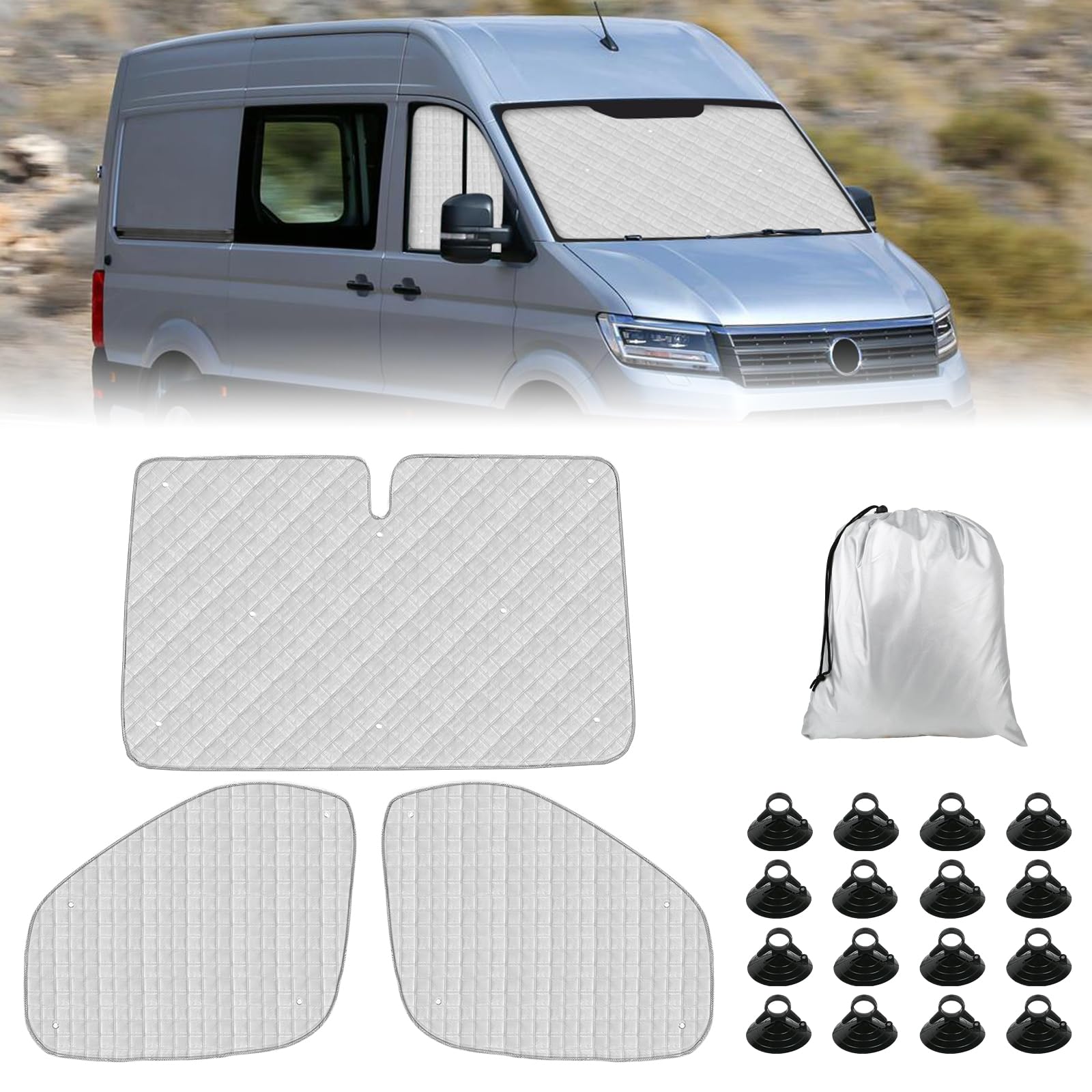 Tappetino Termico sostituzione per VW Crafter/Grand California 2006-2017 3 Pezzi, Protezione Solare per Parabrezza, Visiere Parasole Pieghevoli, Fodera nera