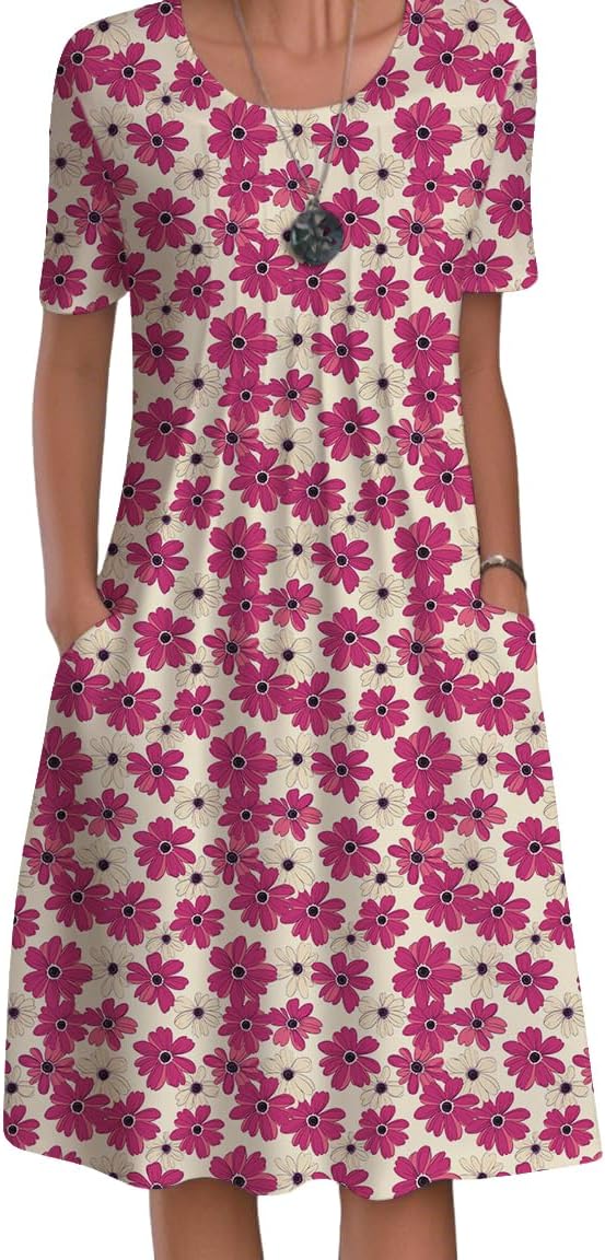 Womens Floral Midi Dresses Casual Boho Short Sleeve Flowy Dress Loose Fit Crewneck Summer Vacation Dress with Pockets
