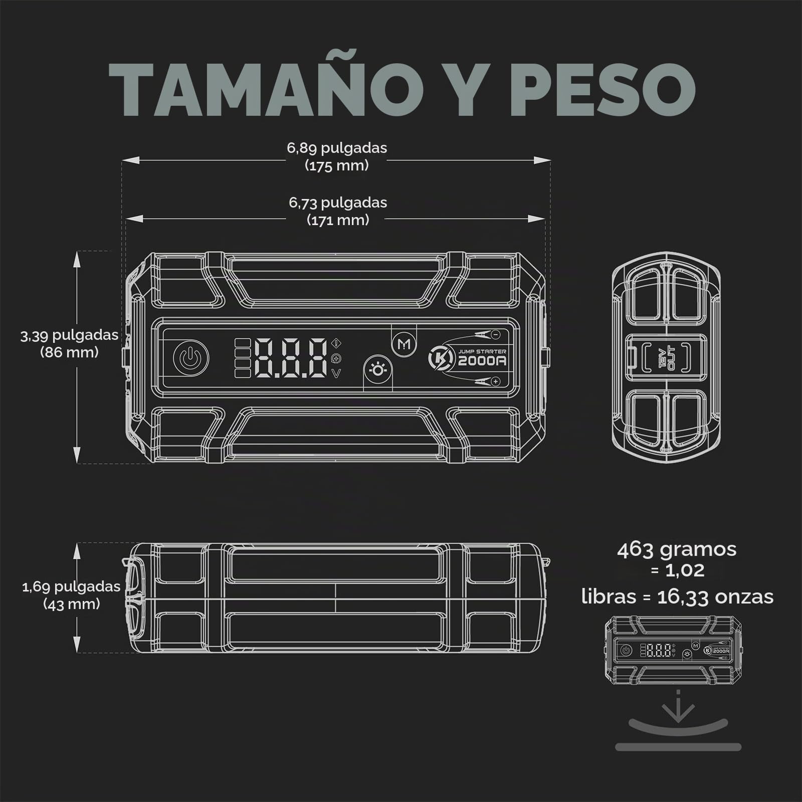 LOKITHOR J400 Arrancador Coche 2000A Portátil con Pantalla Digital | Pantalla Digital Inteligente y Protección Múltiple, para Motores de Gasolina 8,0L y Diésel 6,0L