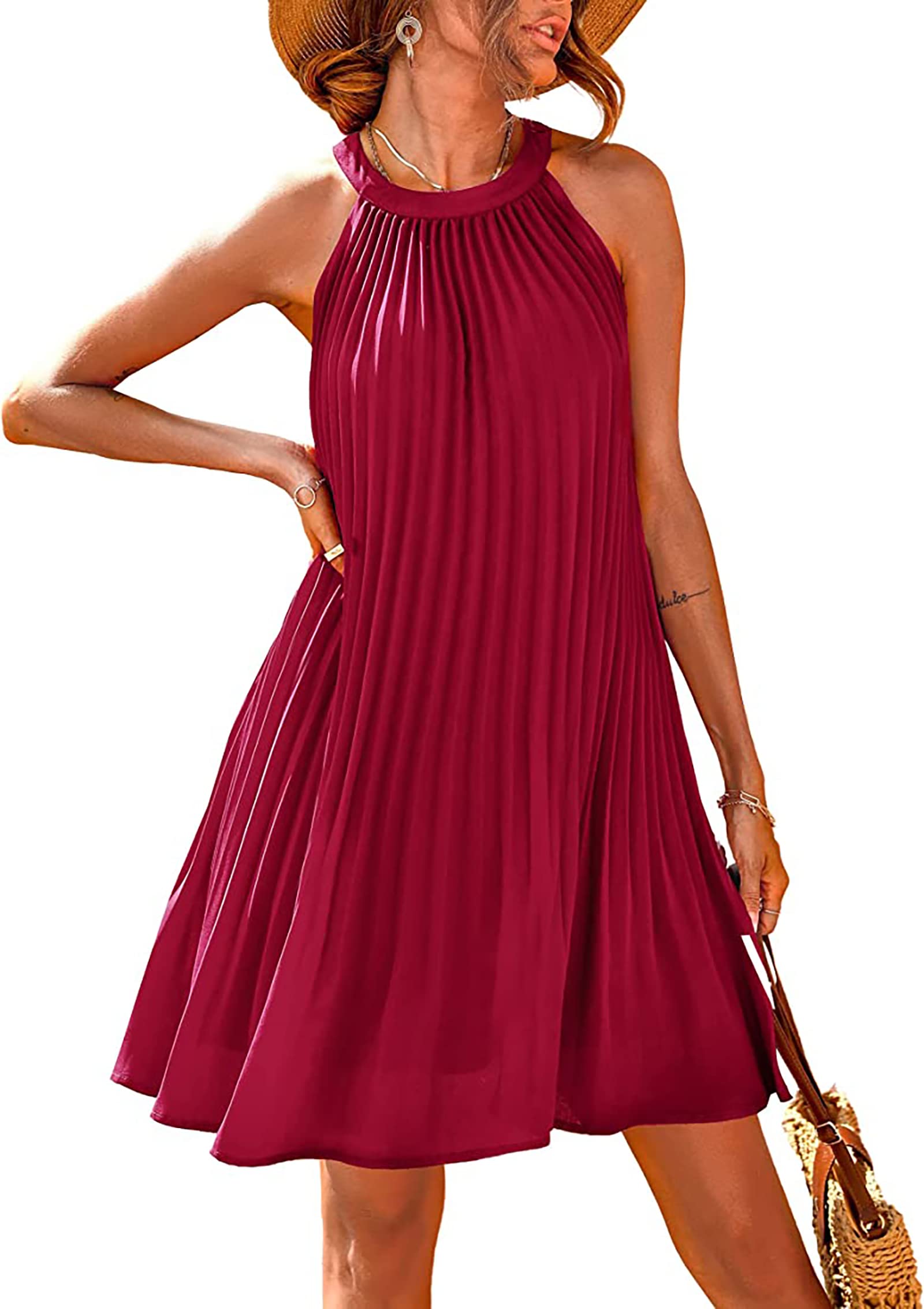 PRETTYGARDEN Summer Mini Halter Dresses for Women 2025 Sleeveless Pleated Short A Line Flowy Beach Wedding Guest Dress(Small, Wine Red)