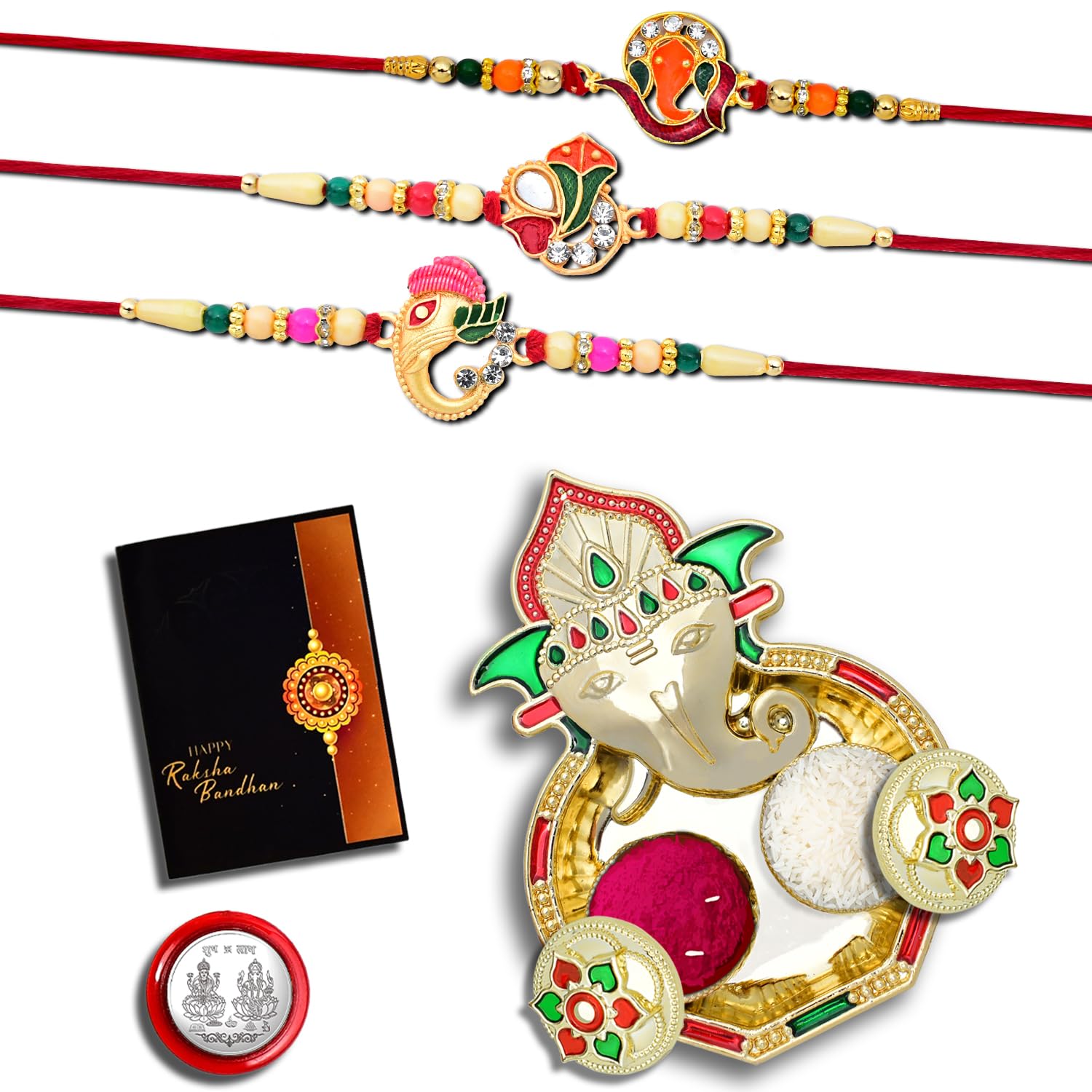 Periapt (K3_251+258+263_AA3) Rakhi Combo with Pooja Coin, Shri Ganesh Pooja Thali / Tilak Set & Greeting Card, rakhi thali | rakhi for brother and bhabhi | Rakhi with plate | Rakhi for brother and bhabhi | rakhi silver | rakhi for baby brother | rakh (B0CCY9C2TL) Amazon Price History, Amazon Price Tracker