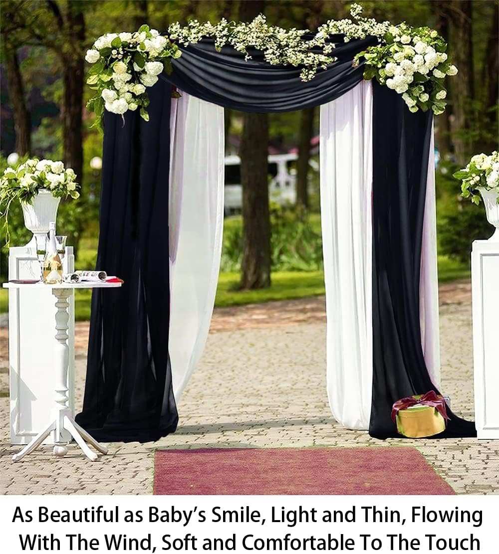 ShinyBeauty Wedding Arch Draping Fabric - Black & White 2 Panels 29" x 19FT Long Chiffon Drapes for Archway - Sheer Fabric Drapery Curtain for Ceremony Reception Swag Decoration