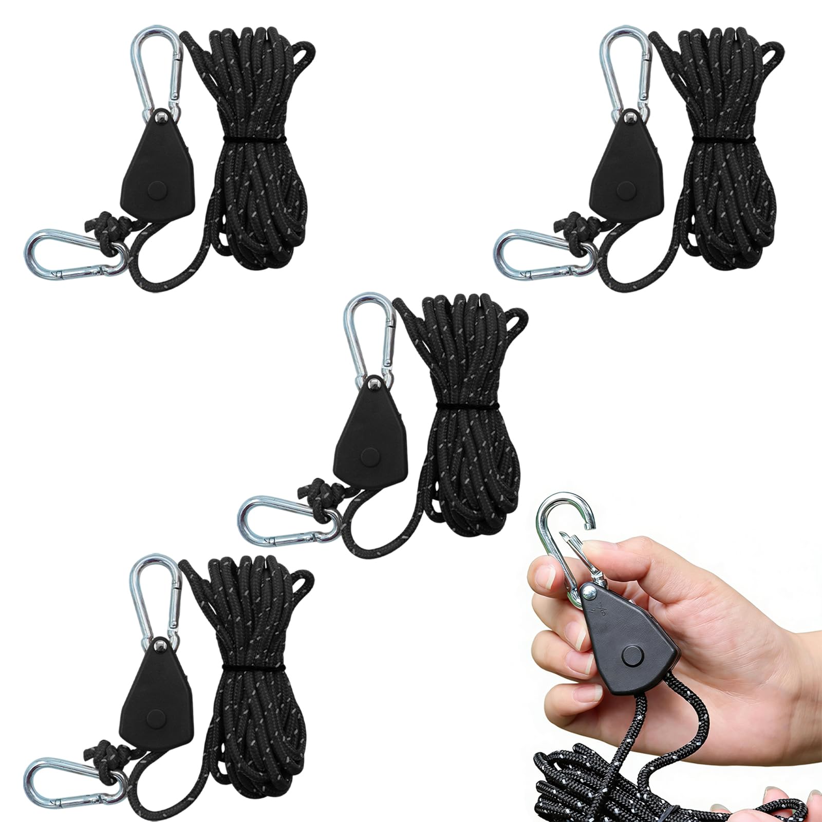 XoeLLe 4 Pack 4M Paracord Diameter 4mm Reflective Rope Roller Pulley