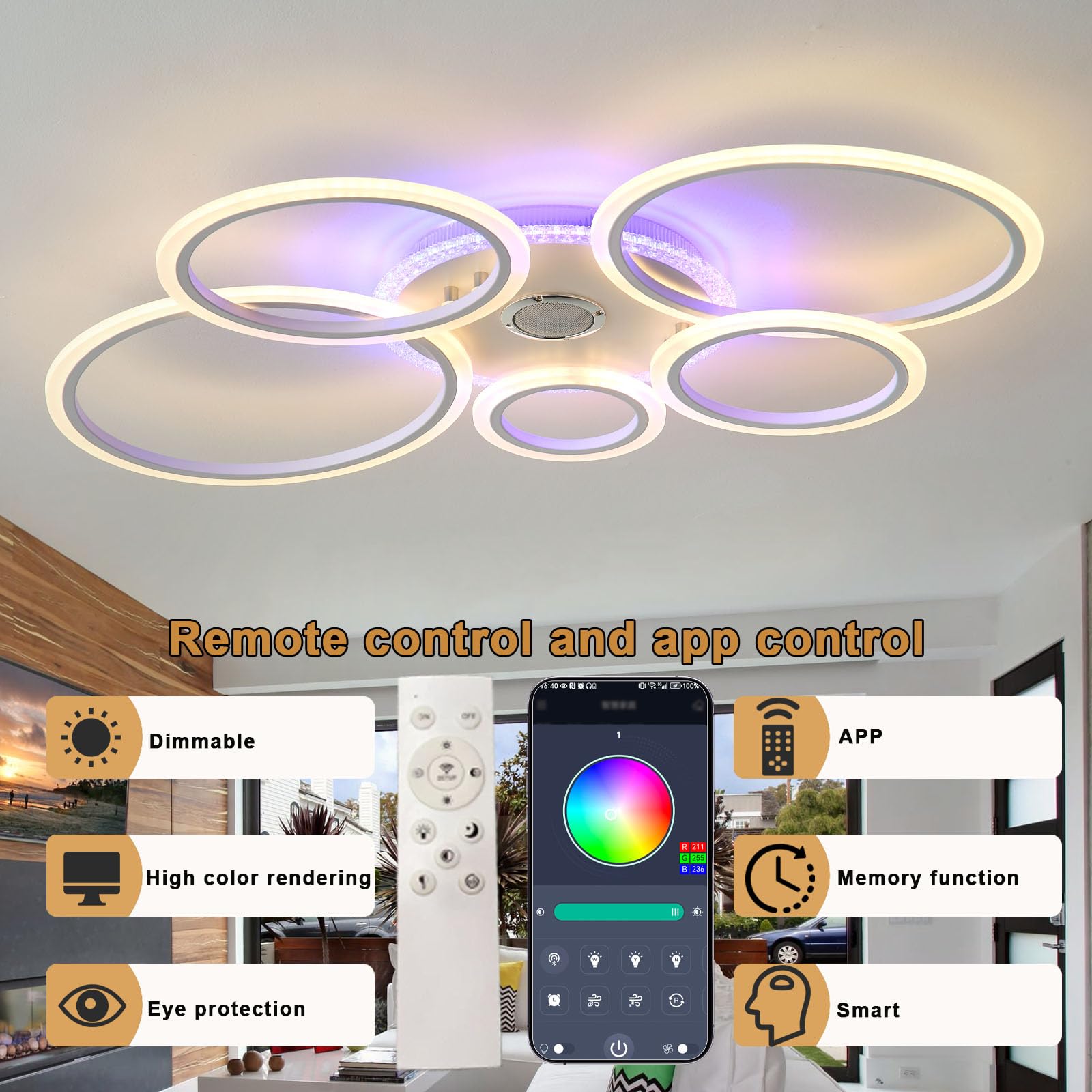 Moderno Lampadario Bluetooth Rgb Plafoniera,Funzione Di Memoria con Elevata Resa Cromatica Senza Sfarfallio e Dimmerabile Intelligente Ceiling Light,per Soggiorno e Camera Da Letto,Bianco