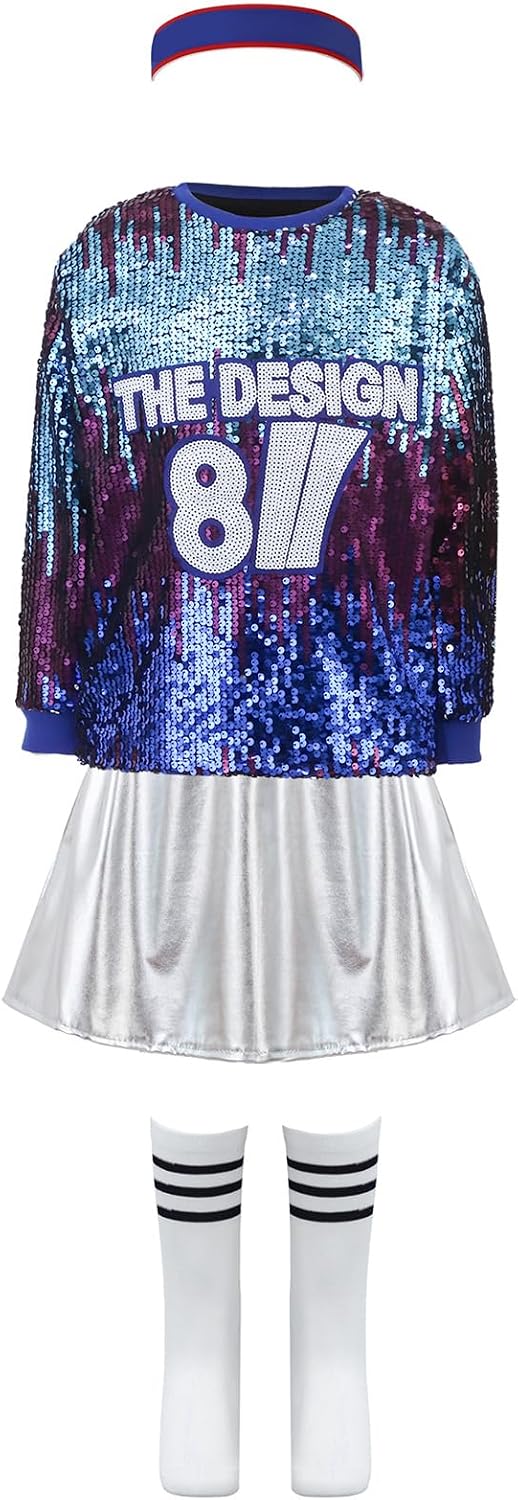 Hansber Kids Street Dance Outfits Cheerleading Uniform Glitter Dancewear for Stage Performance Team Shows