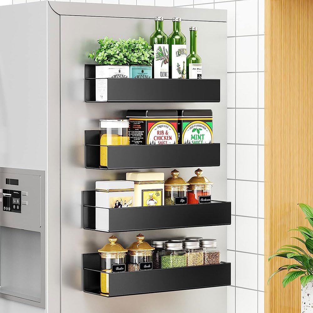 COOLBABY 4 Pack Kitchen Refrigerator Side Shelf,Moveable Fridge Magnetic Spice Racks,Punch Free Storage Rack,Metal Black