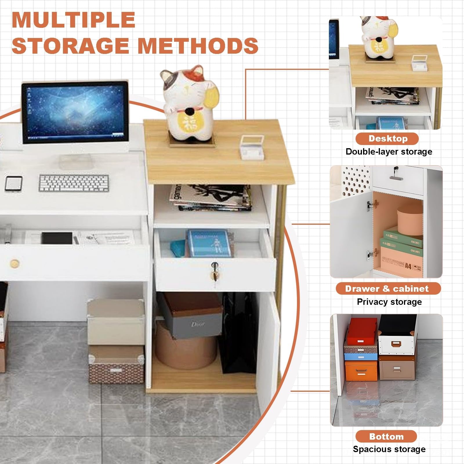 JingNian Comptoir de Réception Bois et Blanc, Meuble d’Accueil Moderne pour Bureau et Magasin, Table de Réception Stable avec Grand Plan de Travail(Warm White,120cm)