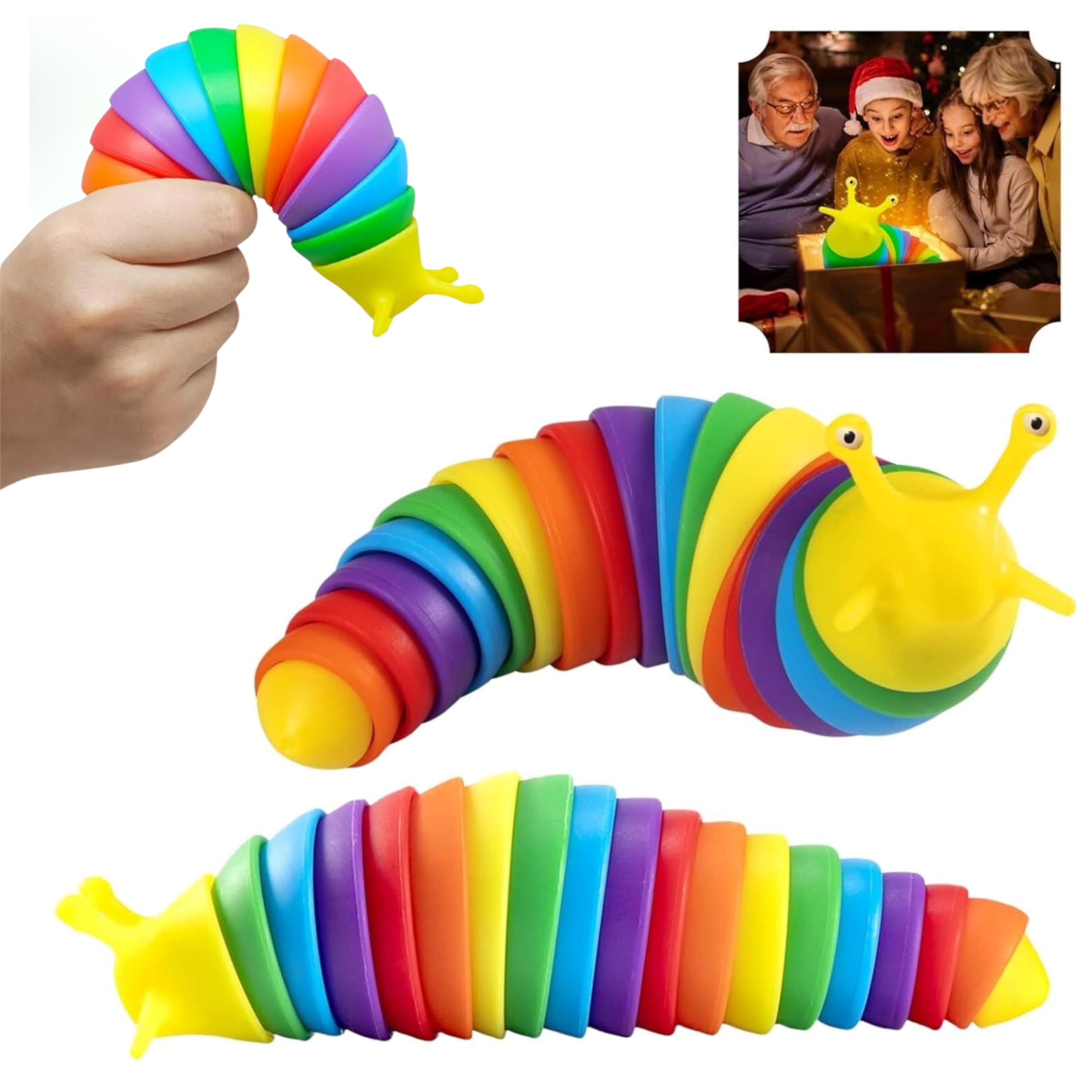 Rainbow Slug Fidget Toys 2x, 20cm Sensory Clicking Wriggly Slugs, Stress Relief Toys for Kids & Adults, ADHD Autism Focus Aid, Flexible Jointed Toys for School