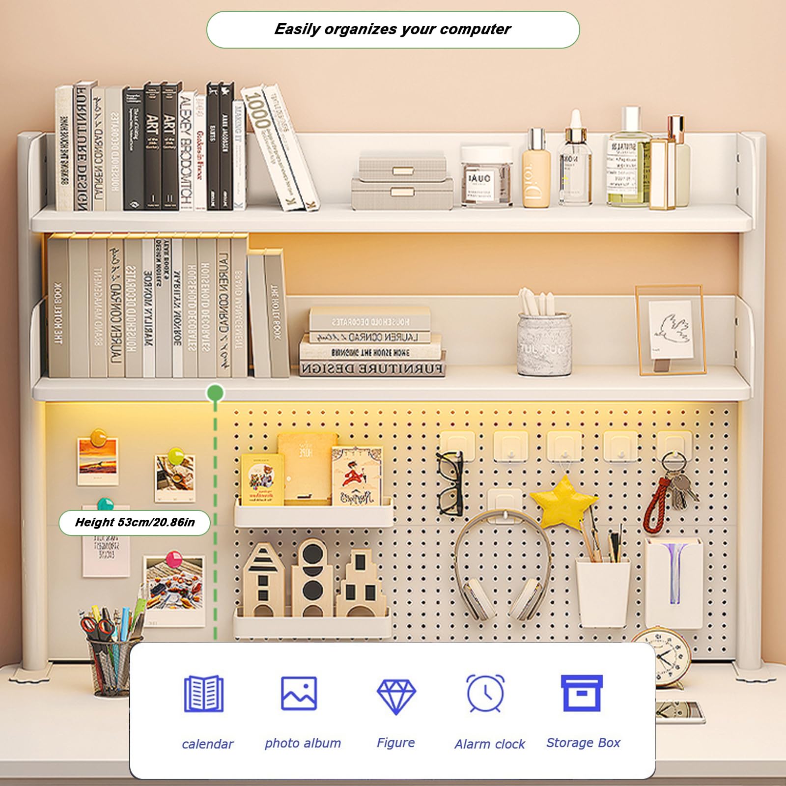 FPIGSHS Klemmbare Schreibtisch-stecktafel-Regal, 2-Ebenen Büro-Computertisch Zubehör Organizer für Büro, Gaming, Zuhause, modular aufhängbar, Klemmregal mit 20 Zubehörteilen， Schwarz (Weiß, 60cm)