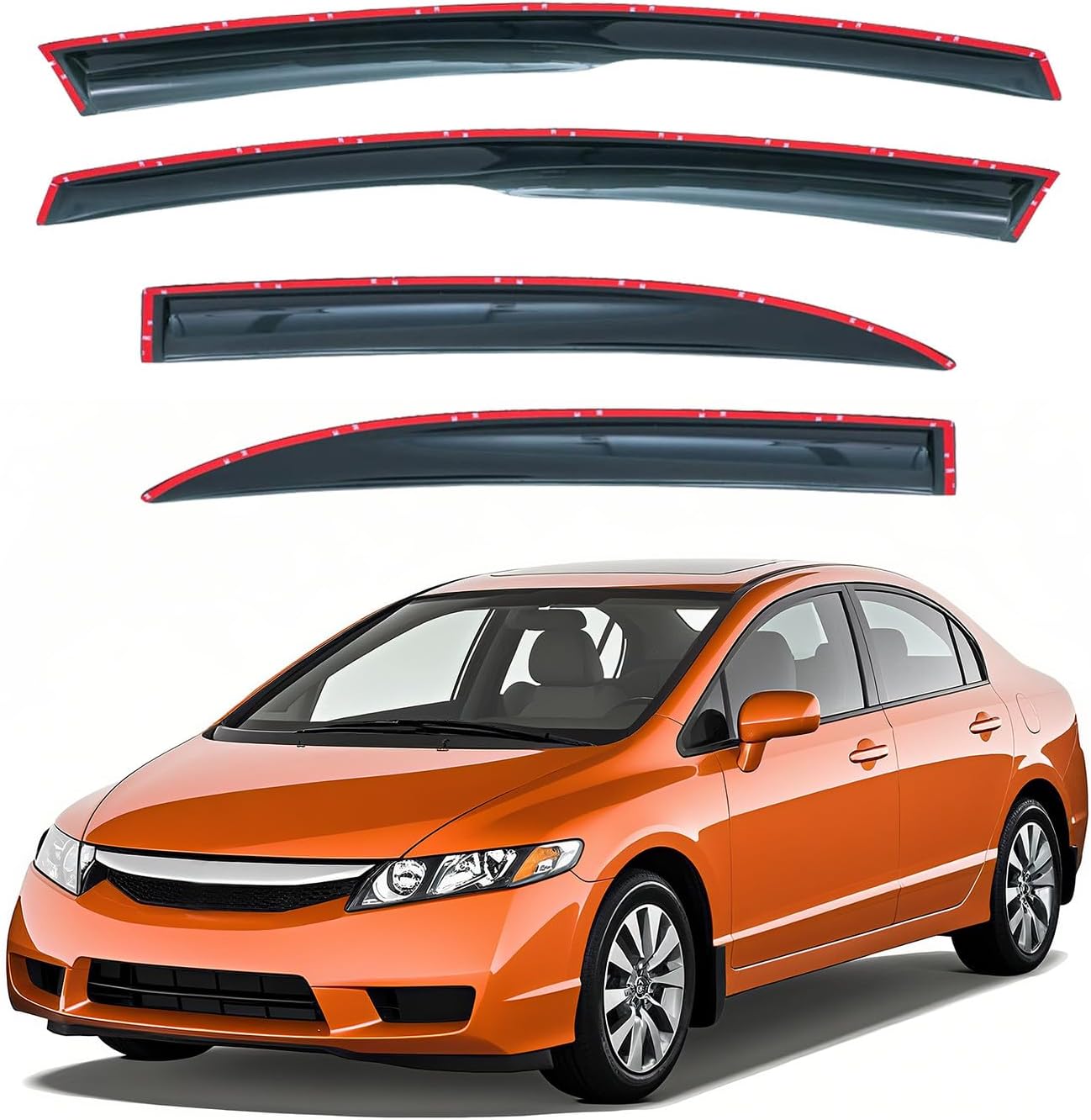 Deal 4-Piece Set 3D Wavy Style Smoke Vent Window Visor, JDM Mugen Outside Mount Tape-On Type Side Window Deflector, Custom Compatible with for 2006-2011 Civic 4-Door Sedan Only