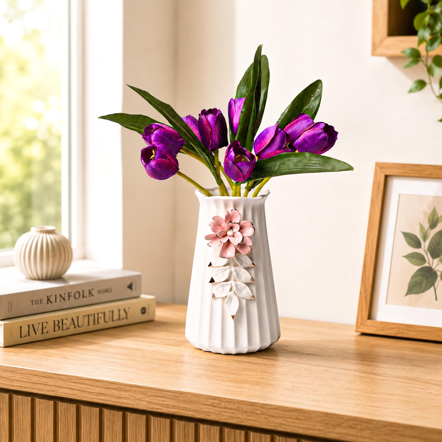 Market99 Off-White Ceramic Vase with Engraved Floral Pattern | Elegant Flower Holder for Home Decor, Living Room, Bedroom, Office & Gifting | Aesthetic Tabletop Pot for Modern Interiors-image-8