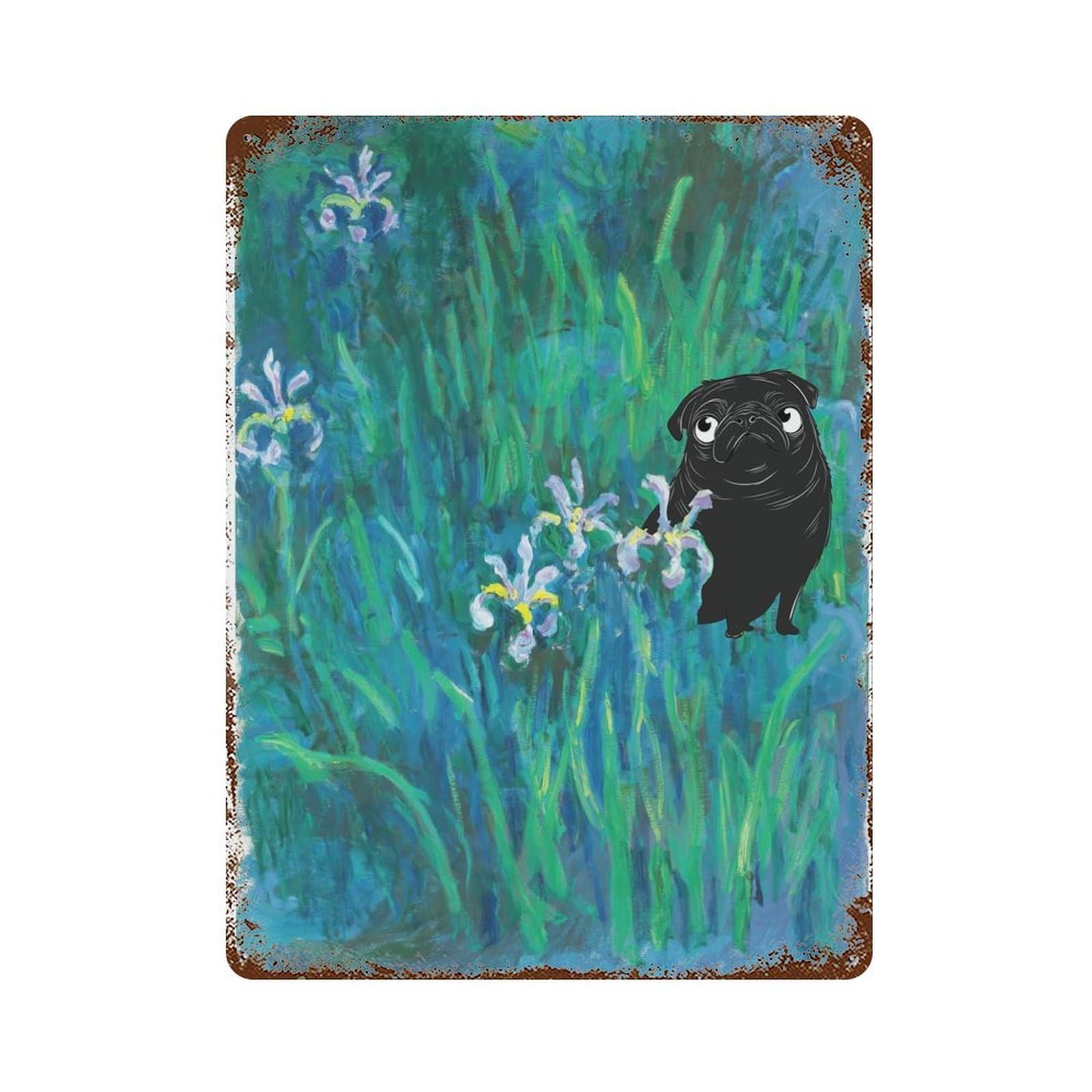 Pug Monnet Iris Garden Decorative Tin Sign 15.7"x11.8", Shabby Chic Decor for Garage, Pub Or Kitchen
