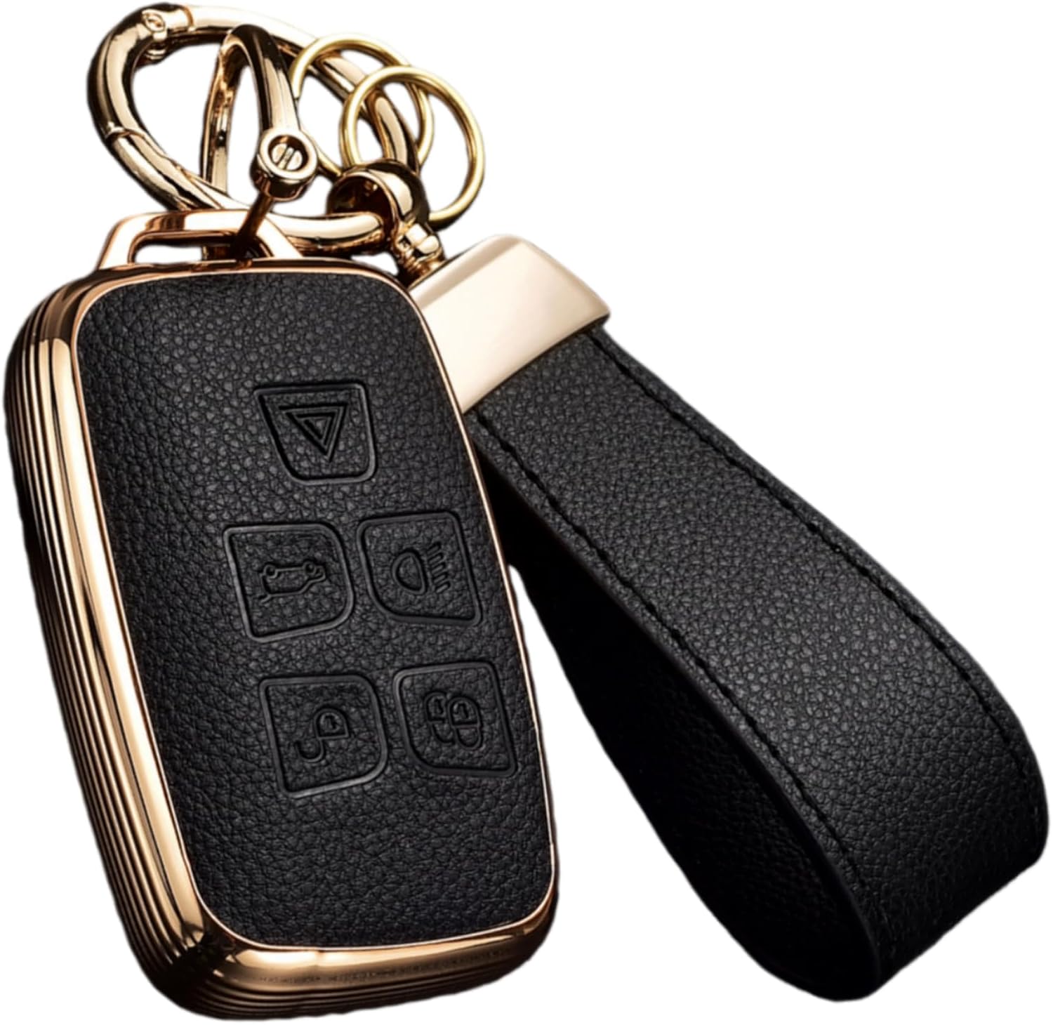 Key Fob Cover for Land Rover with Key Chain, Upper Leather + Soft TPU Key Cover Case Shell for Land Rover LR4 Range Rover Sport Evoque Jaguar XF XJ XJL F-pace (Black)