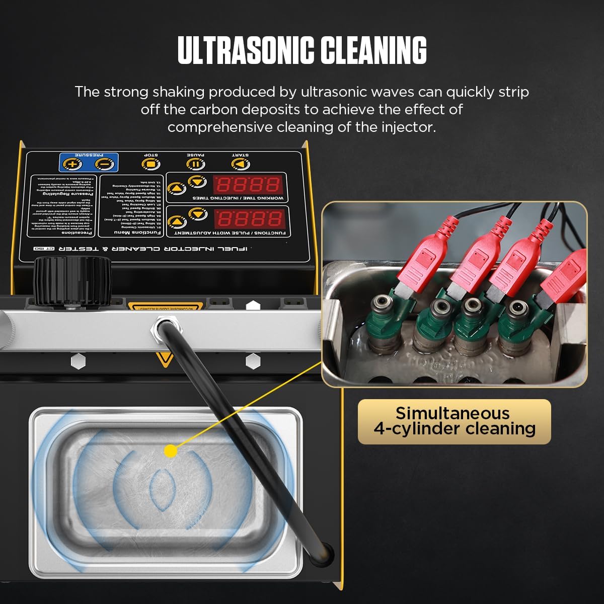 Fuel Injector Cleaner Tester, 4 Cylinder Injector Cleaner Machine, 3 Types Adapter, 3 Cleaning & 9 Testing Functions for Automotive & Motorcycle, 110V/220V,CT150