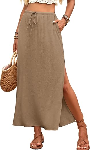 ELLEVEN Linen Straight Maxi Skirt with Side Slit - Elastic Waist Drawstring Long Flowy Ankle-Length Skirt with Pockets