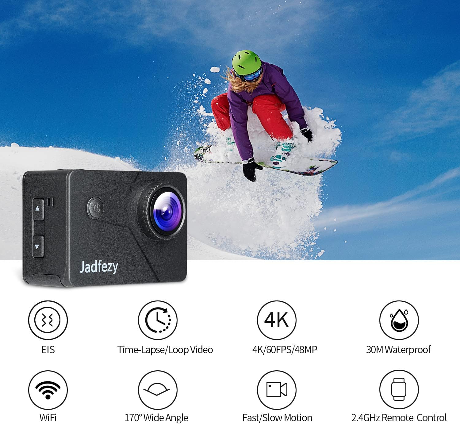 Jadfezy J-7000 Action Camera with icons representing key features