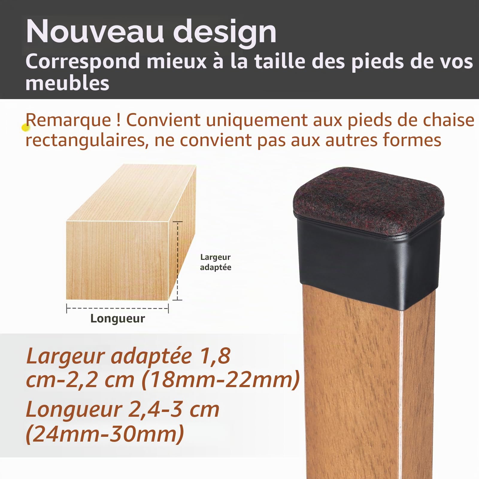 16 Pièces Protection Pied de Chaise, Protection Rectangulaires en Feutre pour Pieds de Chaise, Tampon Chaise Silicone Noir avec Marron Patins en Feutre pour Les Sols en Bois Dur