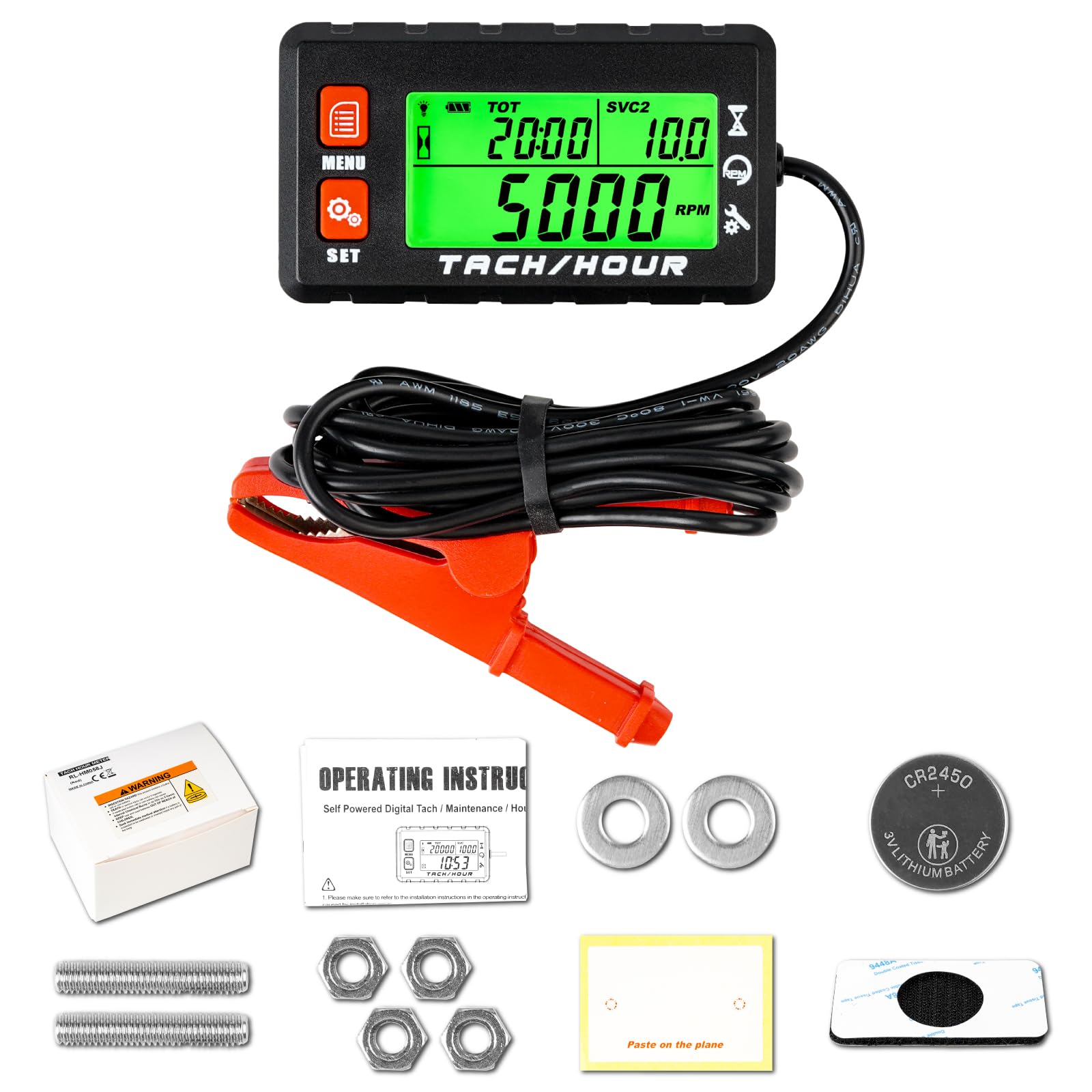 Tacómetro digital contador de horas impermeable con pinza de cocodrilo y batería reemplazable