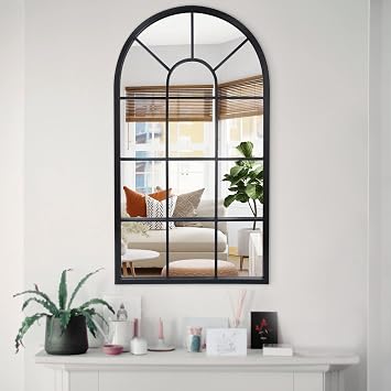 LYYYXGYP Arched Window Mirror Black Metal Frame Wall Mounted Decorative Mirror Windowpane Decoration for Living Room 20" x 32"
