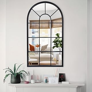 LYYYXGYP Arched Window Mirror Black Metal Frame Wall Mounted Decorative Mirror Windowpane Decoration for Living Room 20" x 32"