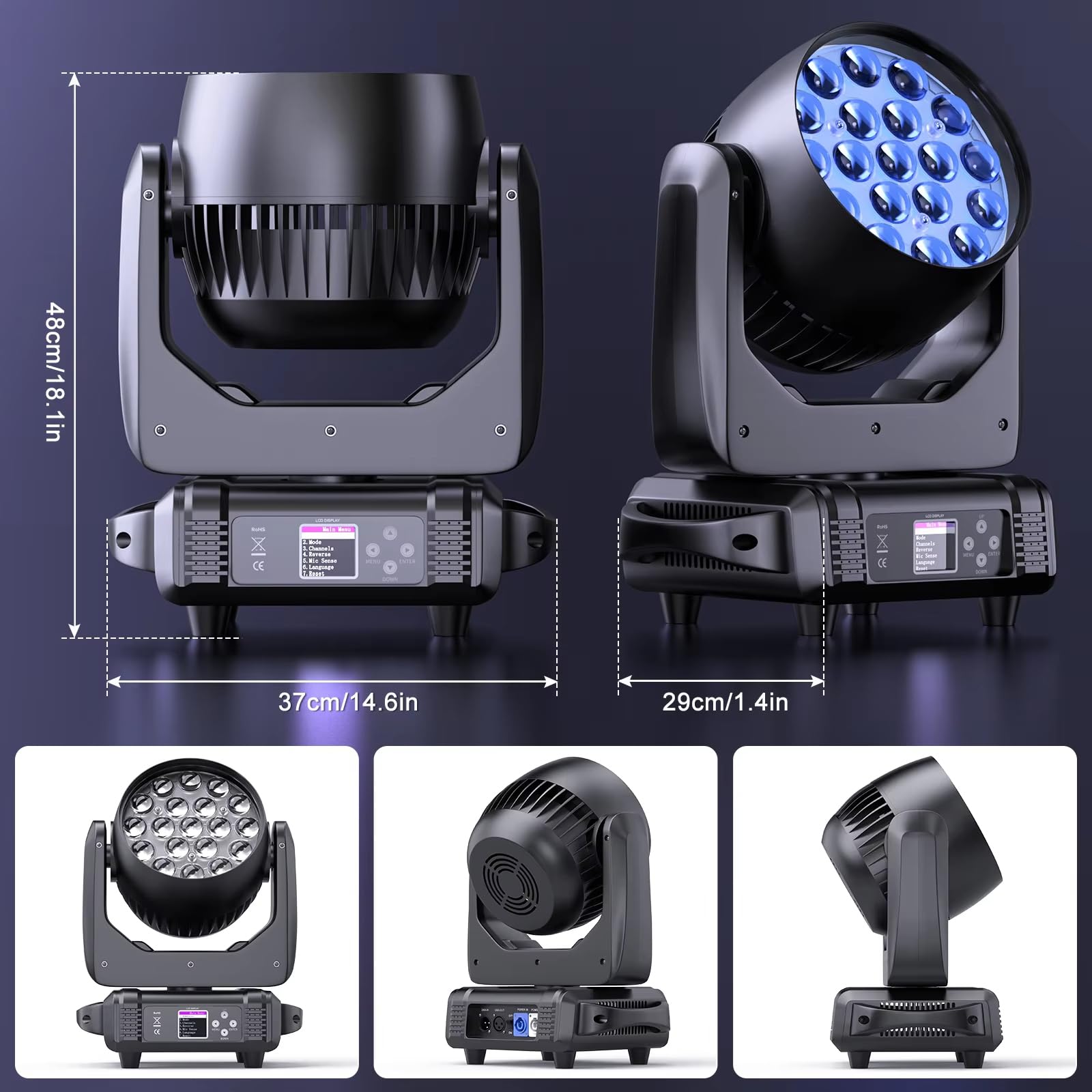 Ruchoma głowica LED 19 x 15 W, 4 w 1 LED DMX512 wiązka światła scenicznego / efekt mycia/powiększenia, aktywowane dźwiękiem i samobieżne sterowanie DJ światła na imprezę muzyczną dyskotekę ślub