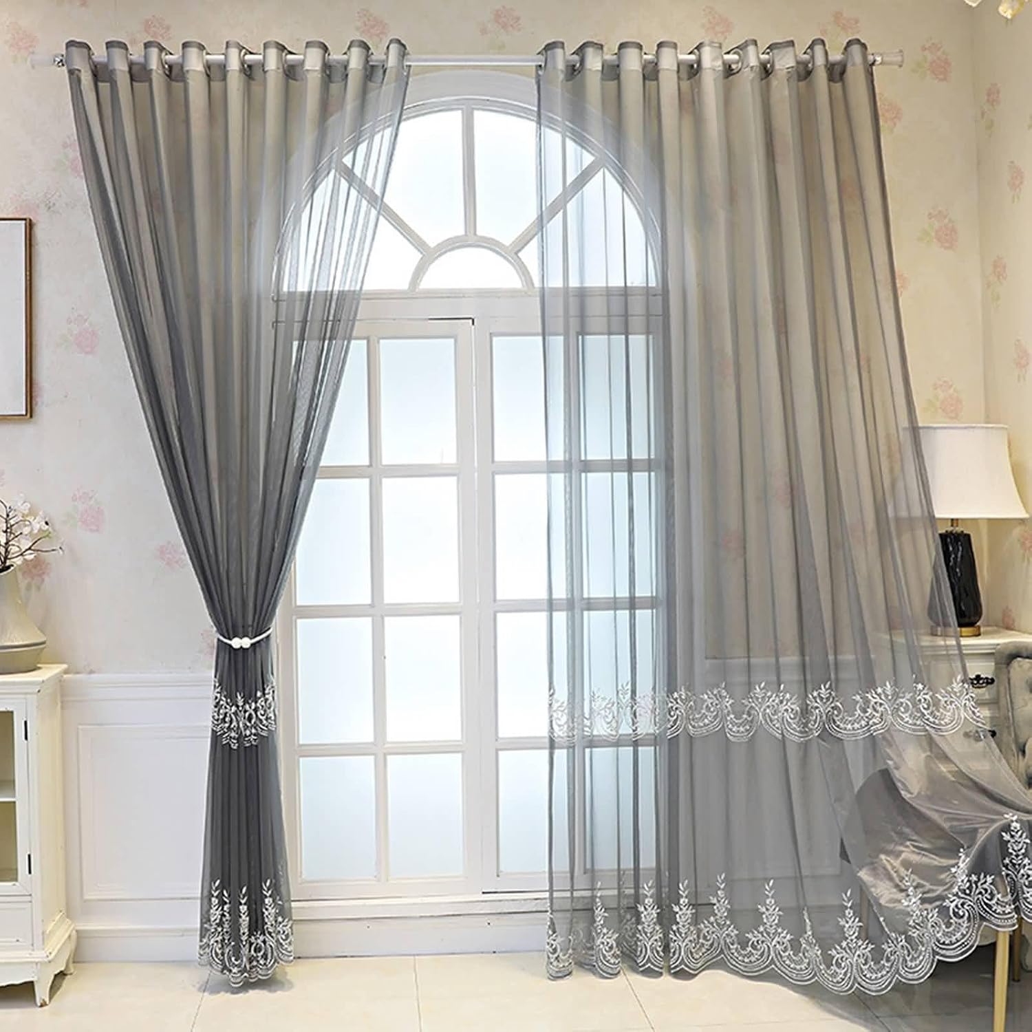 Daesar 2 Panels Semi Transparent Curtains 63 Inch Length, Eyelet Voile Curtains Embroidered Flowers Pattern with Bead Sheer Drapes Window Treatment for Bedroom Living Room, 42x63 Inch Grey