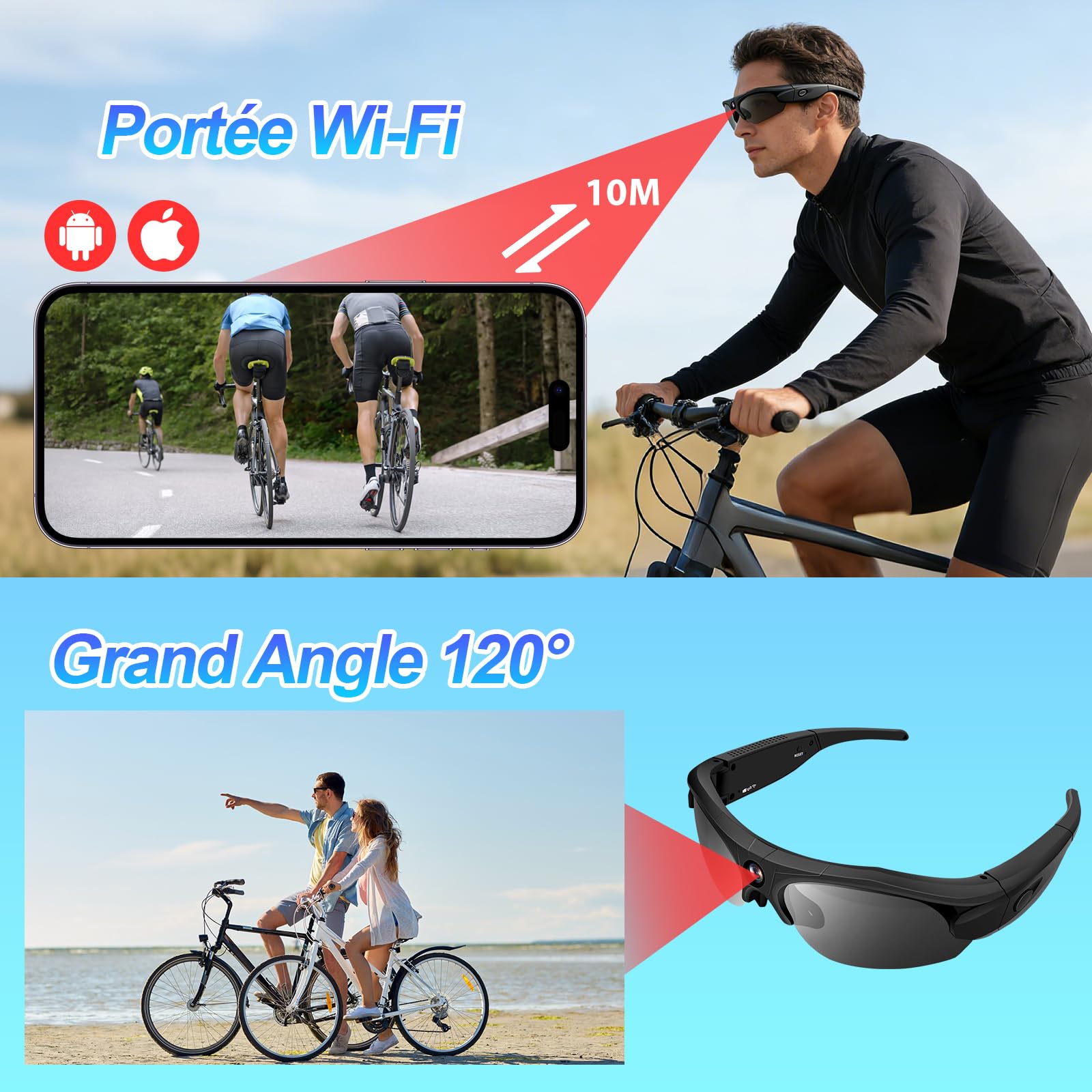 TANGMI Lunette Camera Sport 1080P HD Grand Angle 120° WiFi Enregistrement 2 Heures Cyclisme Ski Plein Air