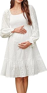 Womens 100% Cotton Square Neck Maternity Dress for Baby Shower Hollow Out Eyelet Smocked Tiered Midi Dresses 2025