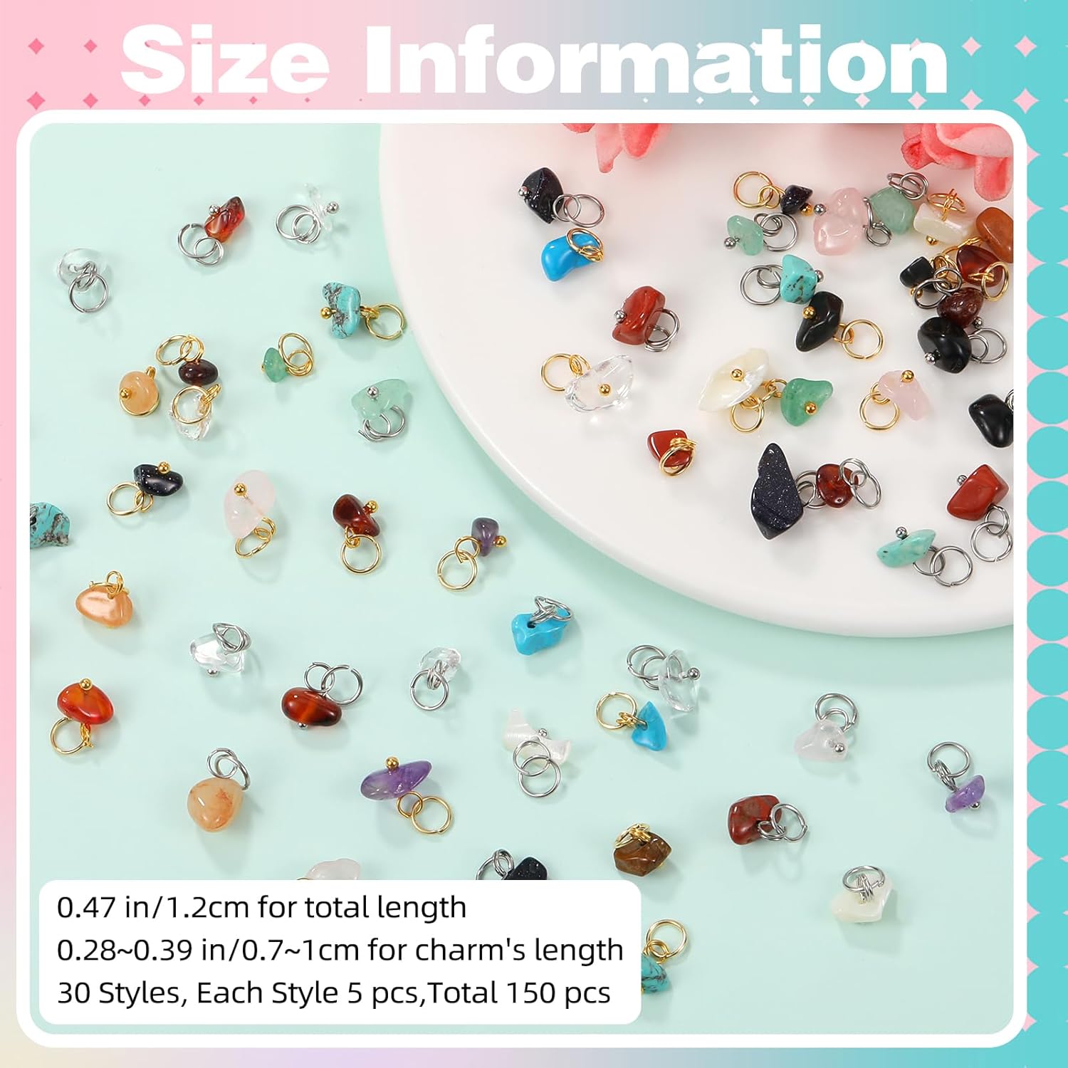 150Pcs 30 Styles Mixed Gemstone Nuggets Charms Stone Charms Crystal Pendants Bulk with 304 Stainless Steel Jump Ring for Necklace Earring Jewelry Making - Image 2