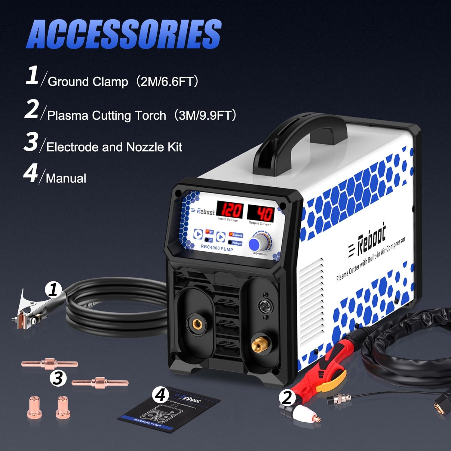 Reboot Plasma Cutter with included accessories: ground clamp, plasma torch, electrodes, nozzles, and manual