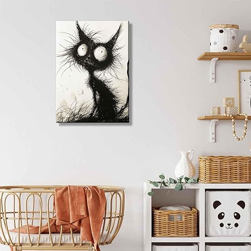 Miniatura 7 de Divertido lienzo de gato negro, arte de pared, gótico, espeluznante, felino, pintura, imágenes de Halloween, espeluznante arte en blanco y negro,