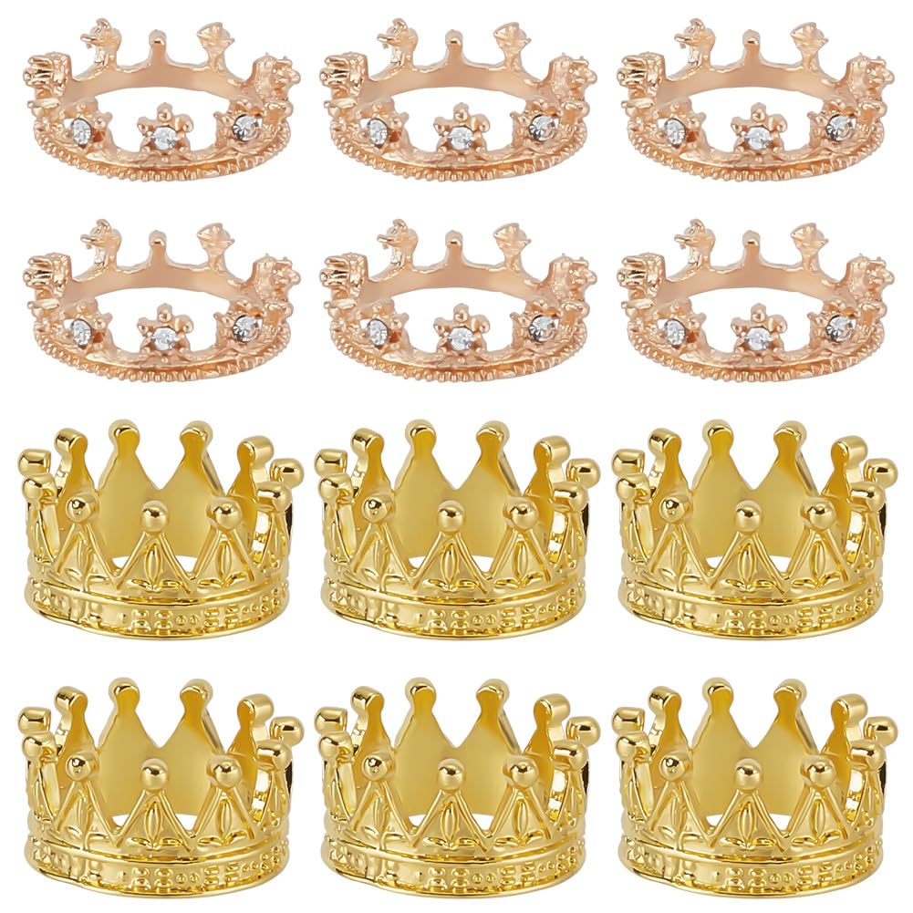 FREEBLOSS 12 Pcs Dollhouse Mini Crown Metal Mini Doll Crown Gold Tiny Miniature Crowns 2 Styles Rhinestone Gold Alloy Crowns Princess Cake Topper Dolls Headwear Accessories Not for children under 14