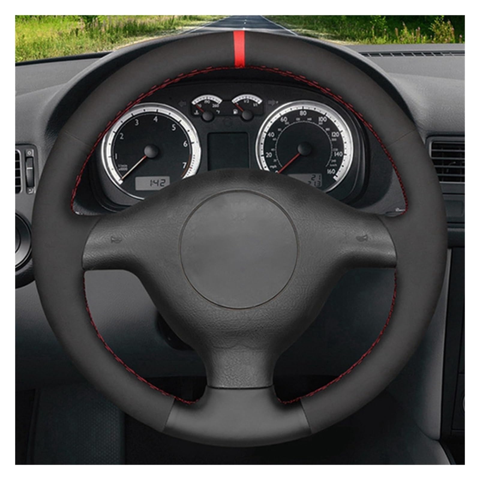 PU Funda Volante para VW para Bora Seat Leon MK1 1998-2005 para Skoda para Fabia 1 2004 2005 Protector para Volante Coche Gamuza Cuero Genuino Negro Interiores Volante Coche (Color : Style 2)