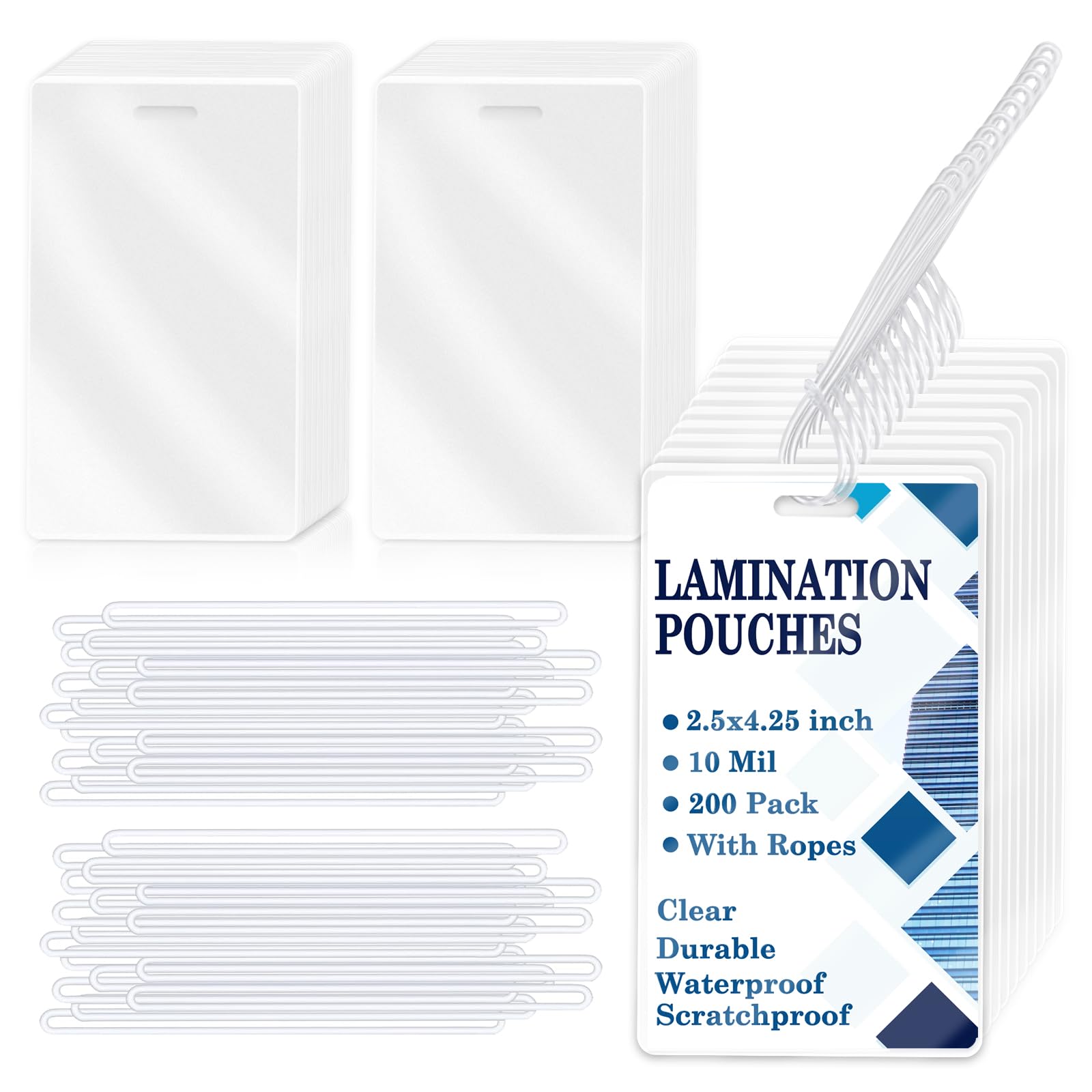 200 Pieces 10 Mil 2 1/2" x 4 1/4" Luggage Tag Laminating Pouches with Slot Hole Loops Thermal Lanyard Thermal Laminate Pouch Tags Kit Resealable for Work Permits Pass Cards Student ID Cards