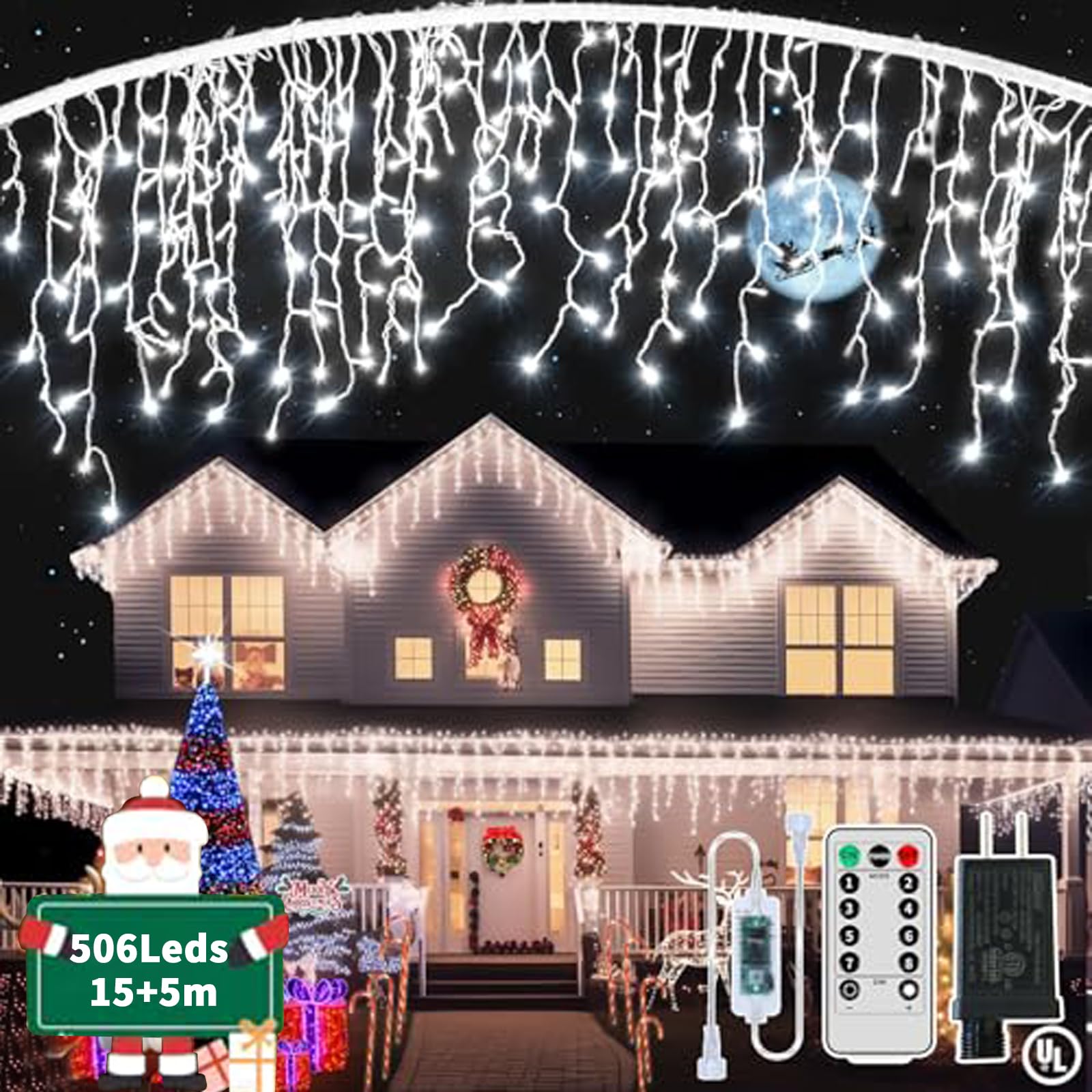 GCMacau Cortina Luces Navidad Exterior,15m+5m 506LED Cascada de Luces Navideñas con Mando a Distancia Temporizador 8 Modos, IP65 Impermeable Luci di Natale para Navidad, Ventana, Balcón, Bar, Boda