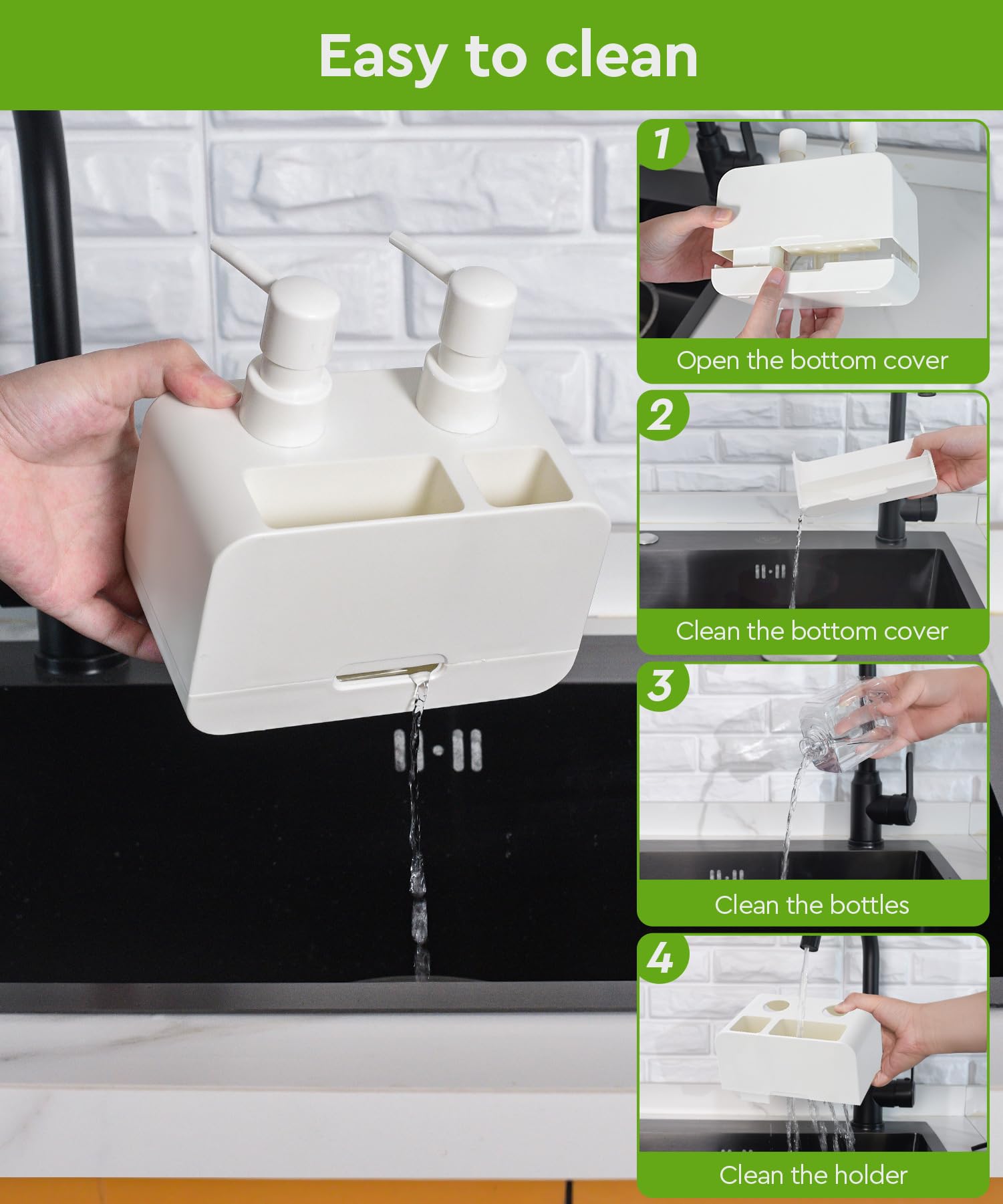 Set di erogatore di sapone per mani e detersivo per piatti, doppio erogatore con porta spugna e spazzola, erogatore di sapone 4 in 1 da appoggio per lavello della cucina, utili gadget da cucina