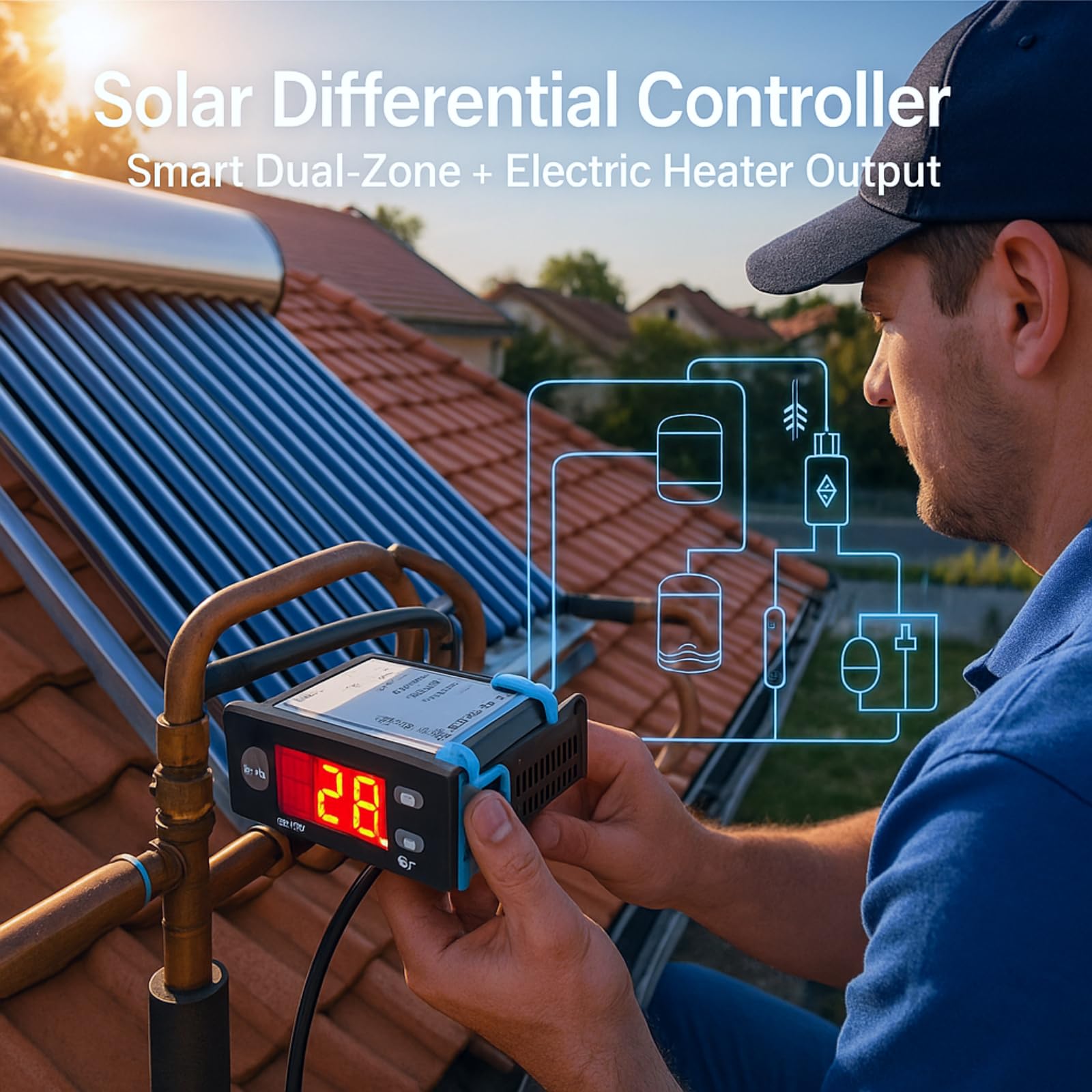 Contrôleur de Température de l'eau Solaire, Contrôleur Thermostat Numérique, AC 220V 5A Régulateur de température numérique avec sonde et affichage numérique pour chauffe-eau solaire EW-801AH
