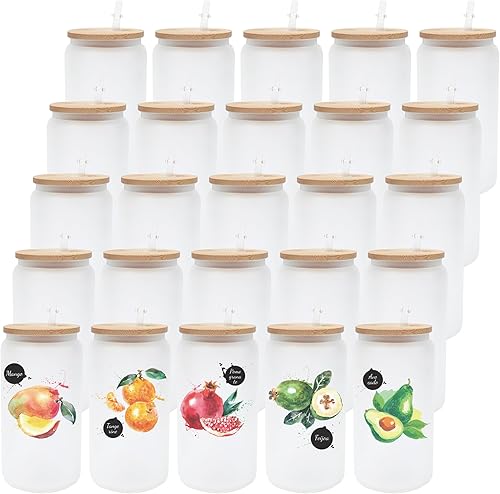 Paquete de 25 vasos de vidrio esmerilado con tapas y pajitas, vasos de vidrio esmerilado de 16 onzas, vasos de sublimación de vidrio con tapa de