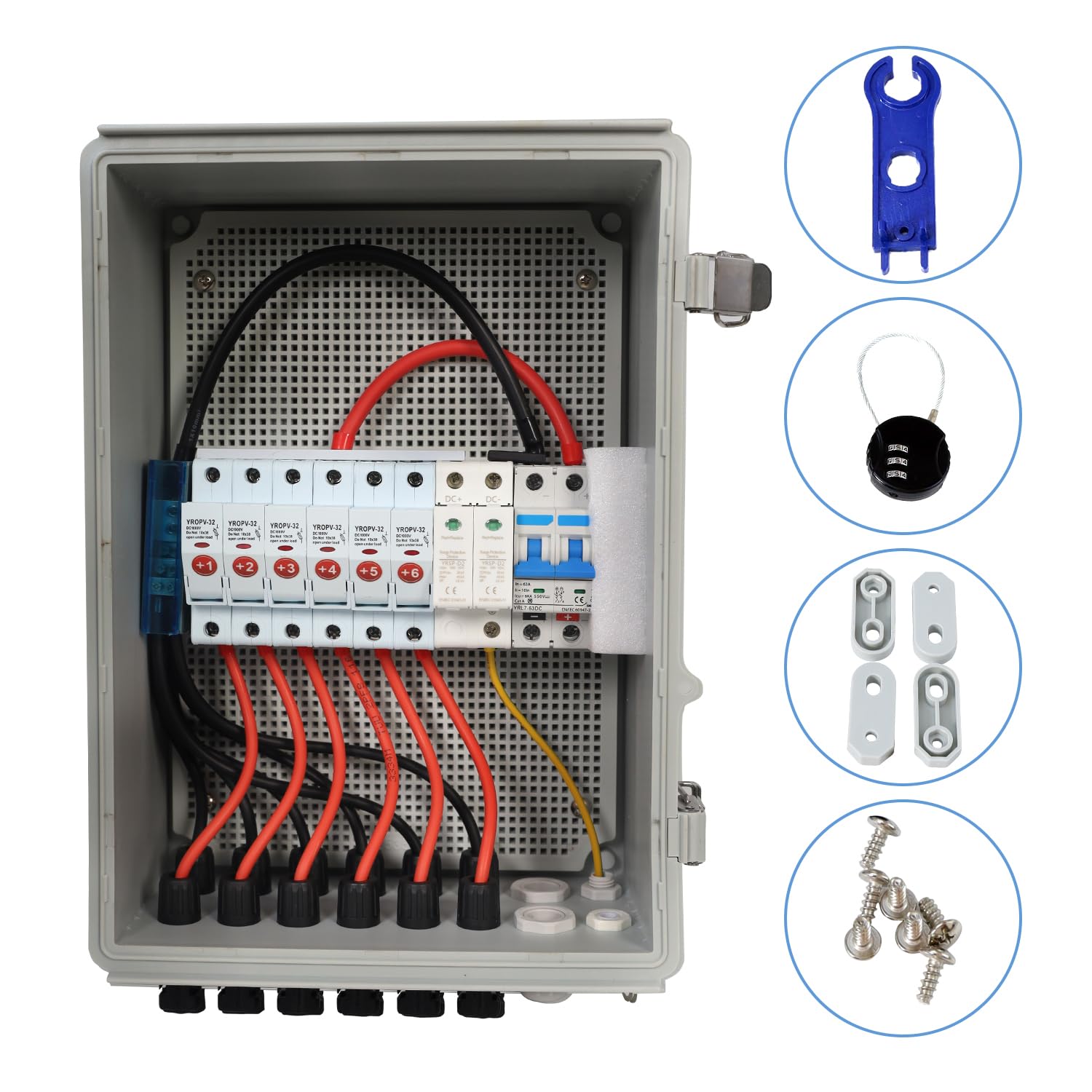 SVOPES 4-String PV Combiner Box, 10 A Fuse, 63 A Breaker, Lightning Arrester, Solar Connector, For On/Off Grid Solar Systems GFHLX4HL10ASCPG1OY3-V1225 - The Home Depot