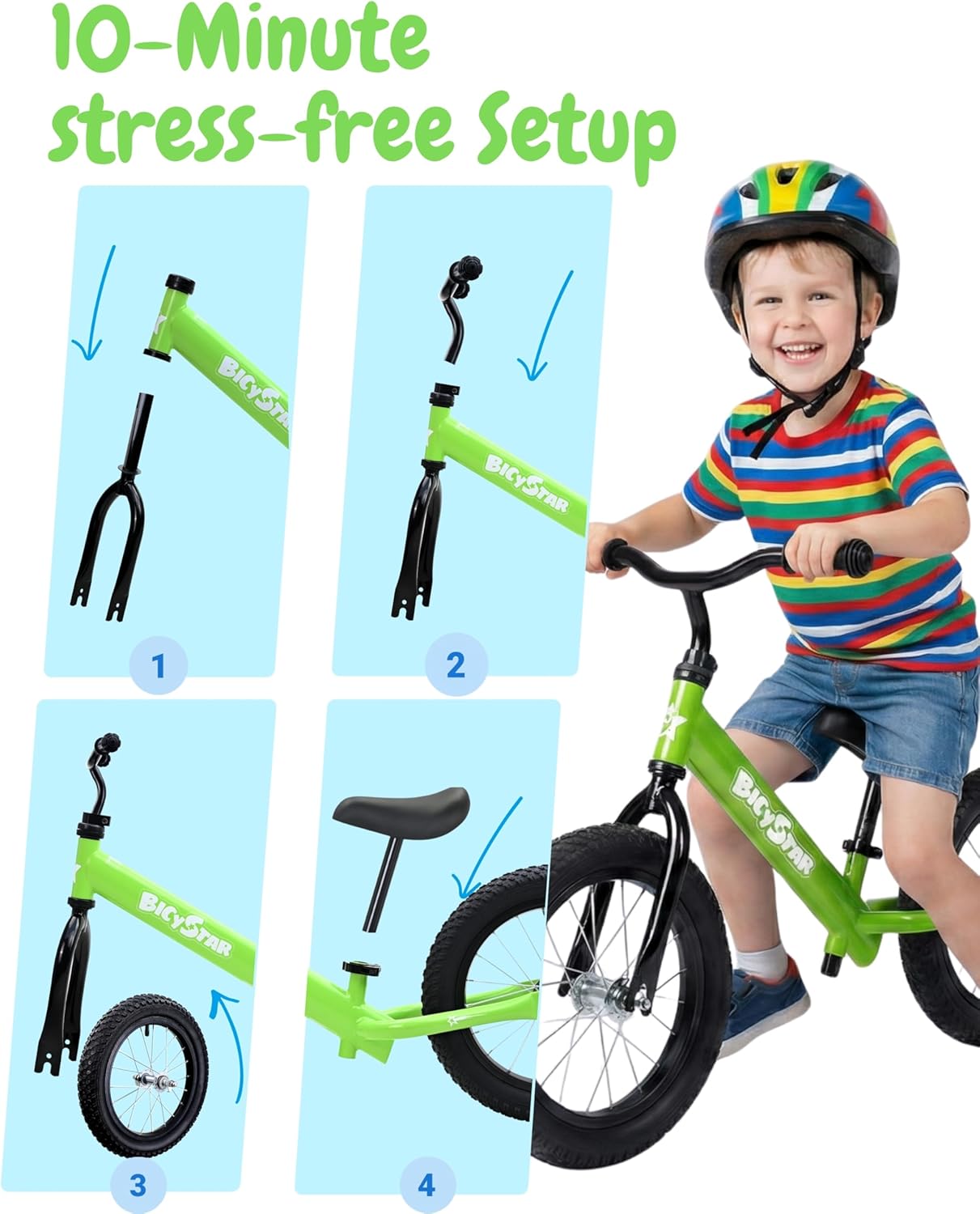 Bicystar 14 Inch Balance Bike for Kids 3-6 Year Old, No Pedals, Air Rubber Tires, Adjustable Height, Pedalless Bicycle for Boys, Girls, Green